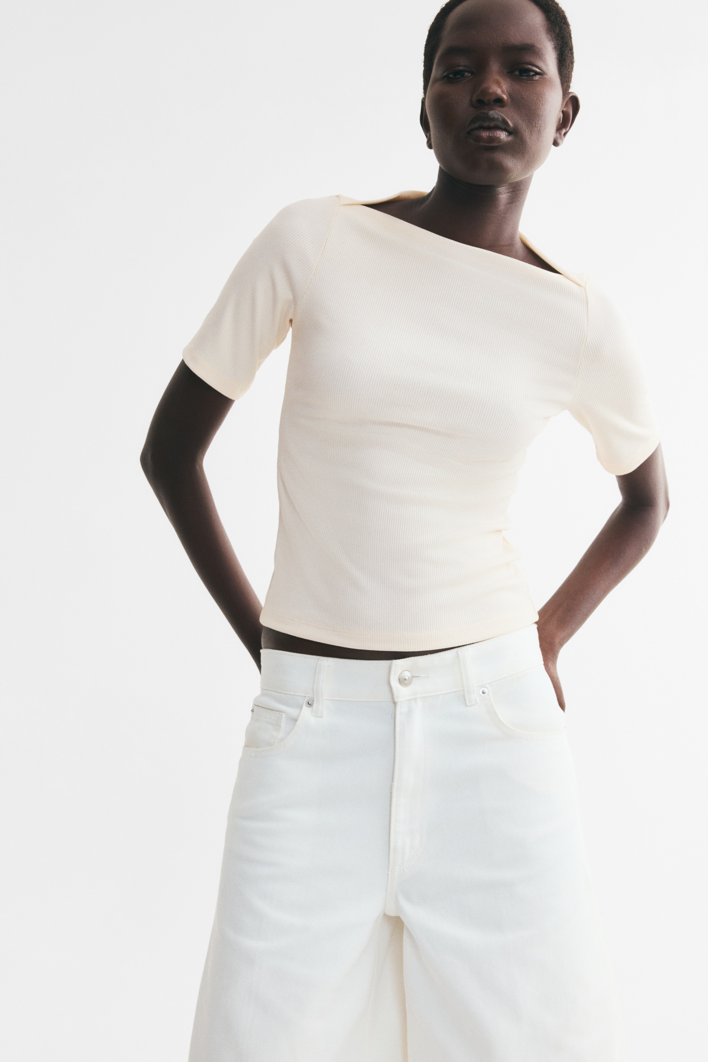 Women's Cream Rib-Knit Boat-Neck Top | H&M US