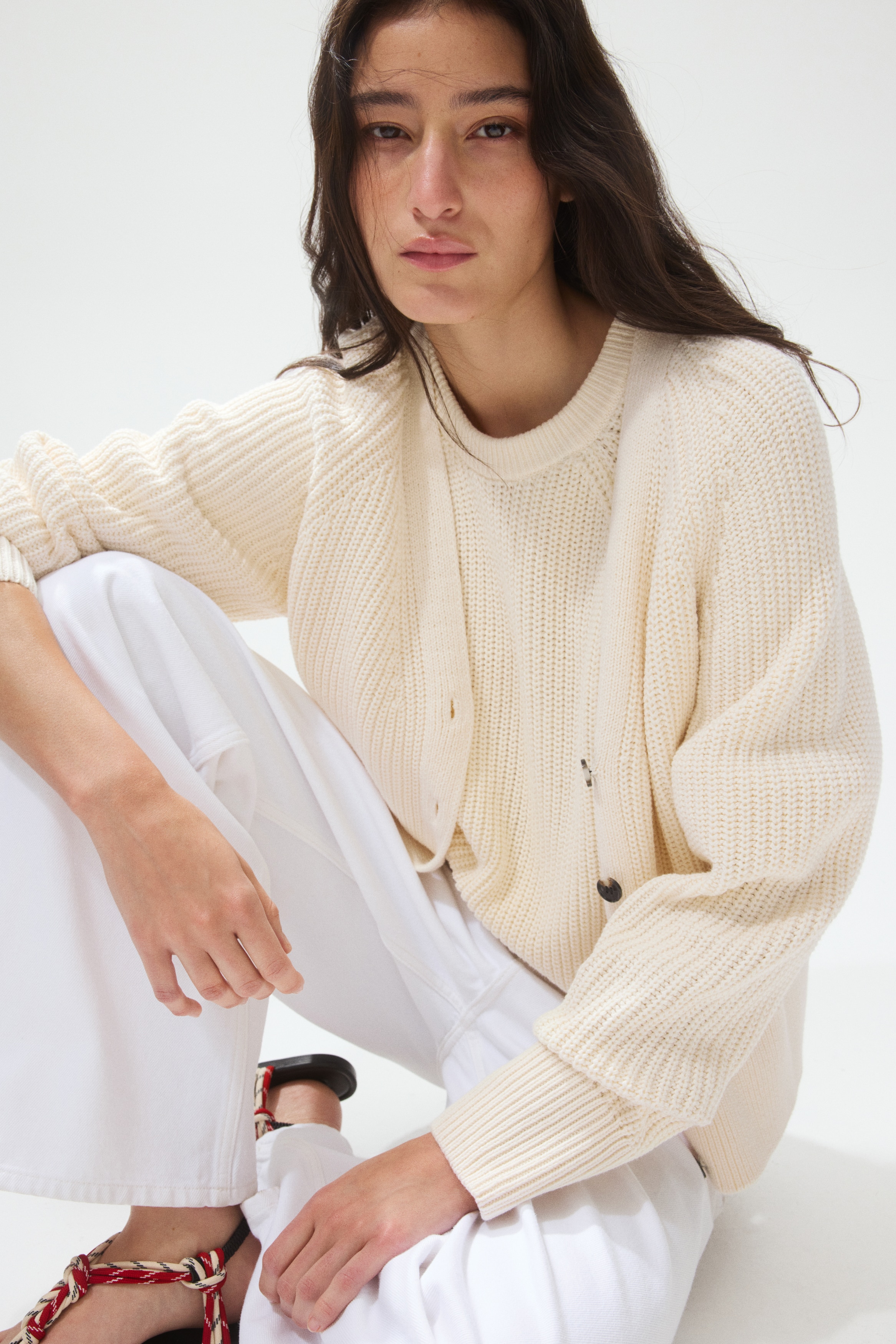 Rib Knit Cardigan - Cream/Dark brown