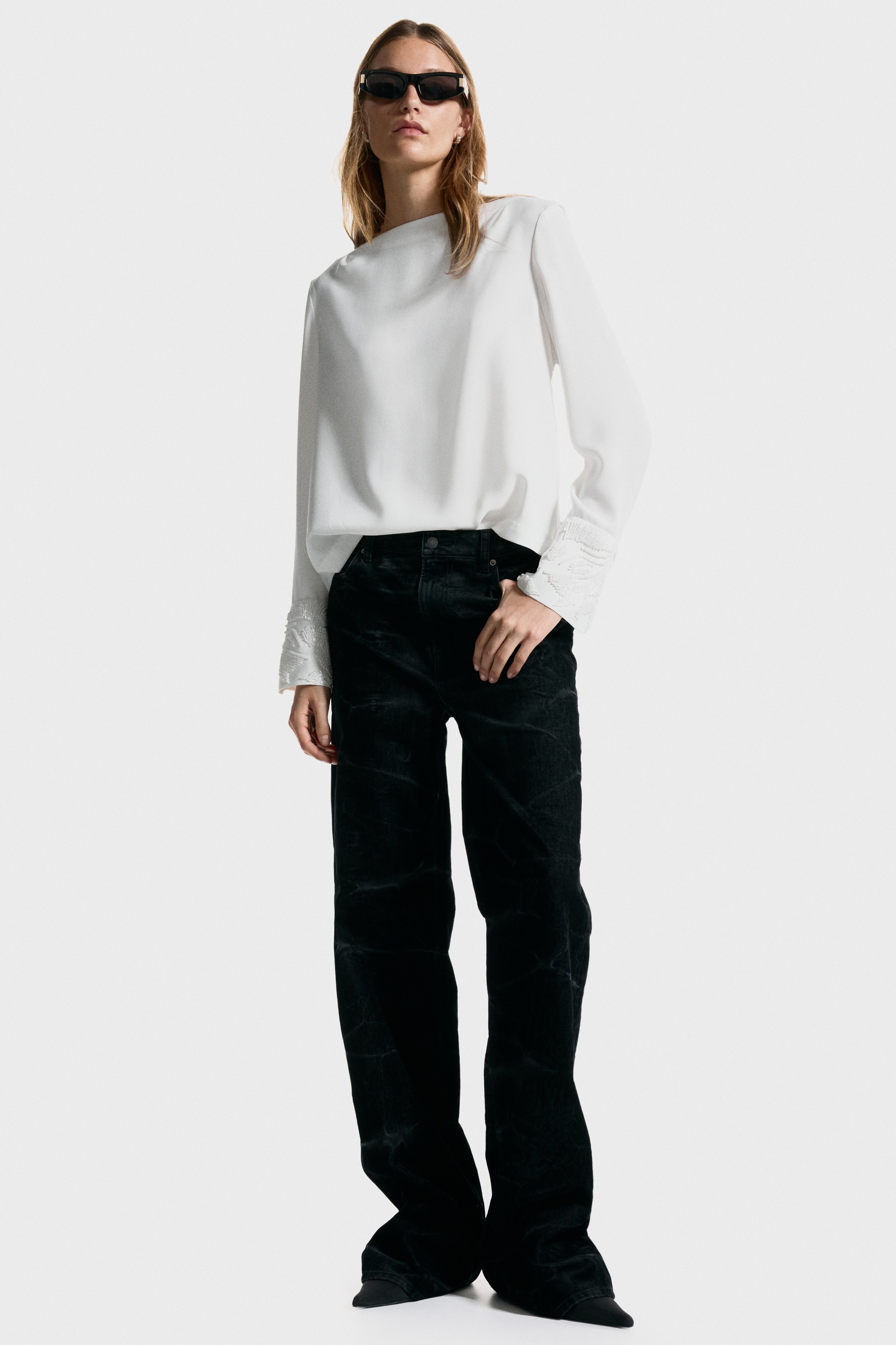 Bead-embroidered cowl-back blouse