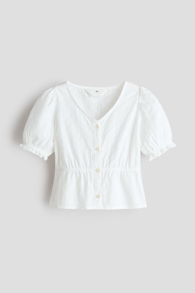 Puff-Sleeved Cotton Seersucker Blouse - White/Light blue/striped - 1