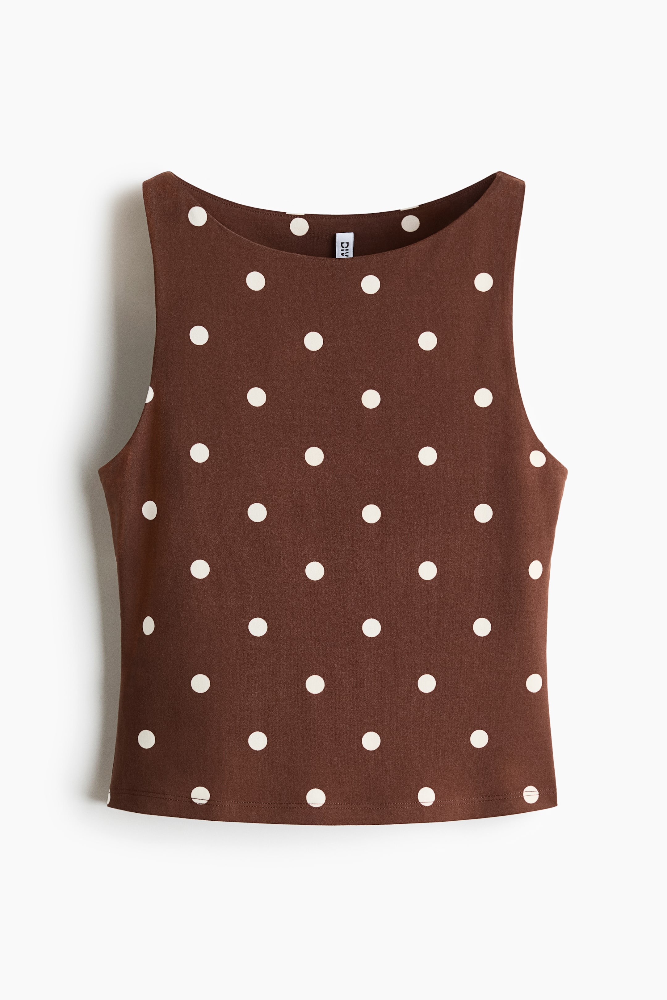 Xem ảnh lớn hơn: Một chiếc áo không tay màu nâu đang được trưng bày mặt trước, có cổ thuyền và họa tiết chấm bi trắng đều nhau. Nó có kiểu dáng ôm vừa vặn với đường viền thẳng.