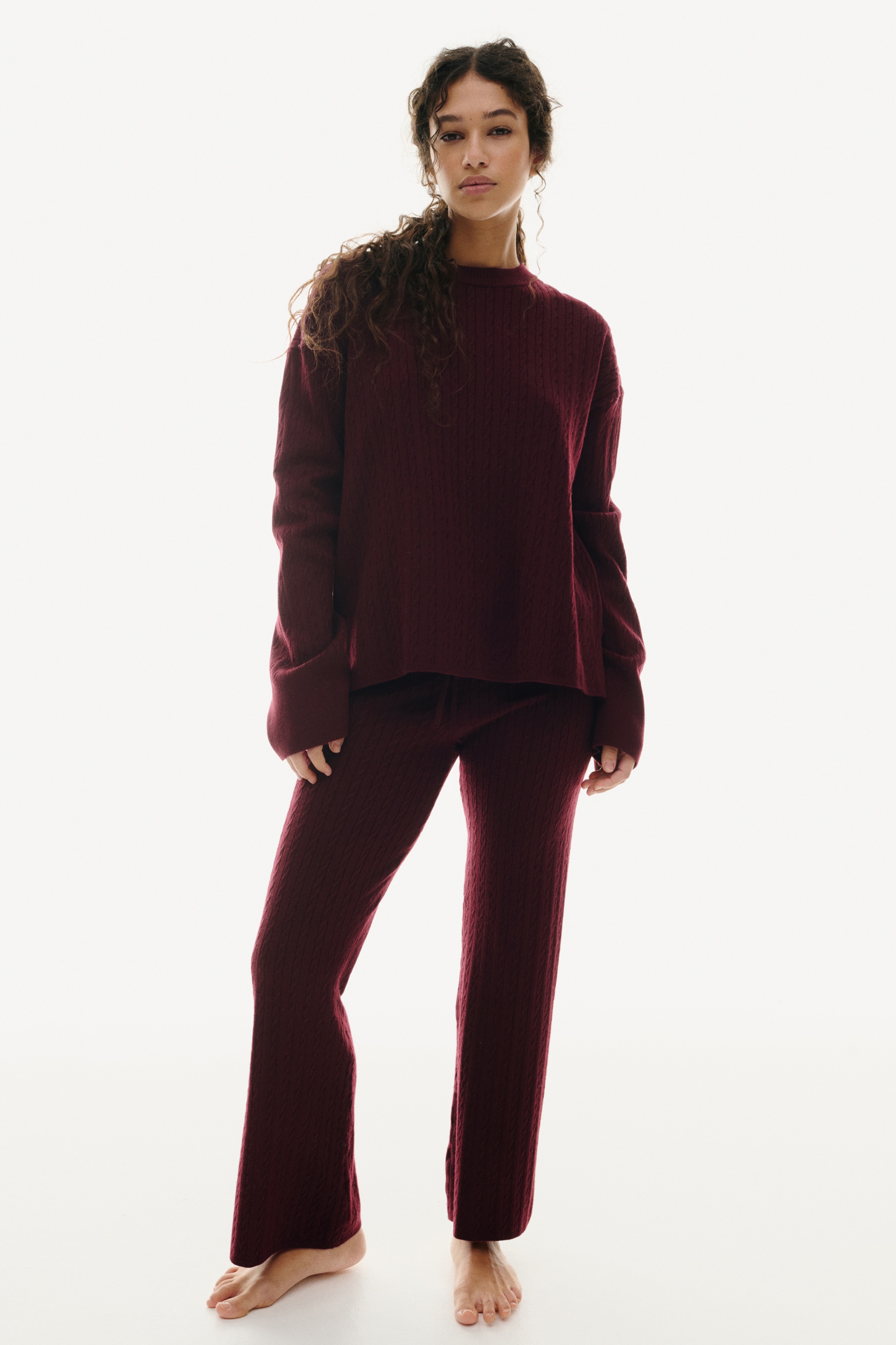 Pantaloni in maglia a trecce - Bordeaux/Beige/Crema