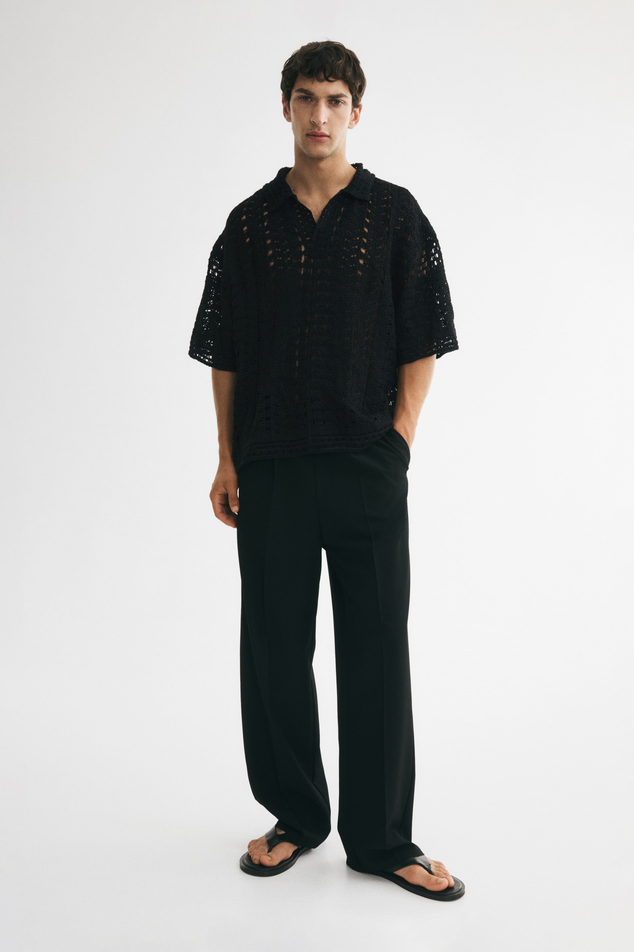 Relaxed-Fit Crochet-Look Polo Shirt