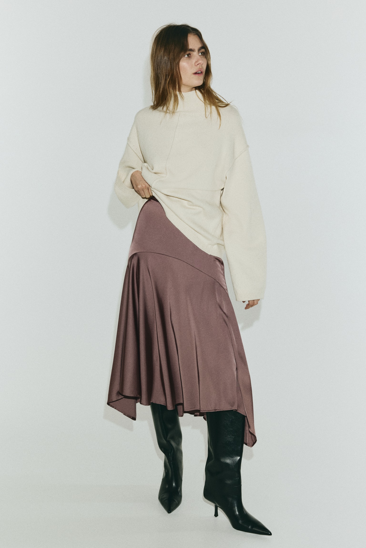 Satin twill skirt - Dark mauve/Dark brown - 3