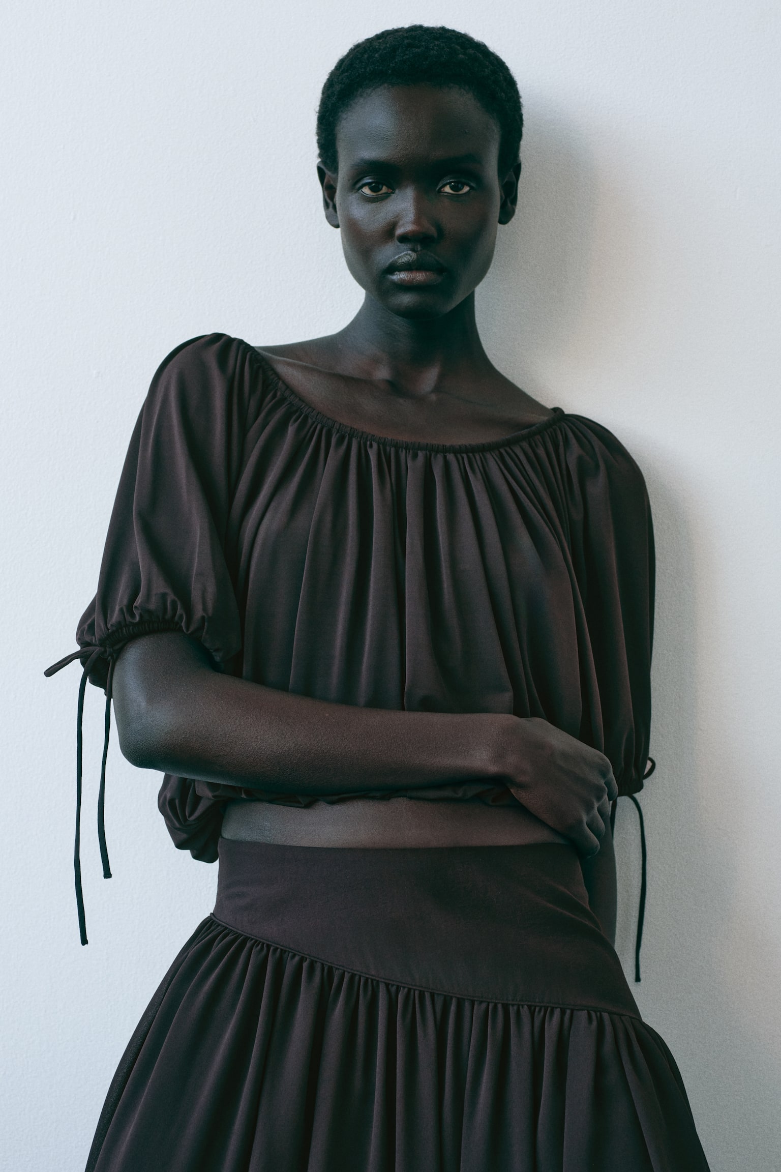 Draped drawstring-detail top - Dark brown - 1