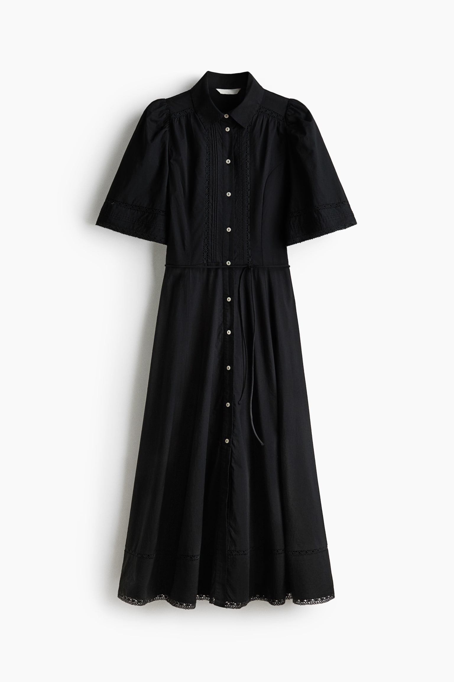 Rochie tip cămașă de bumbac cu pliuri decorative - Negru - 1