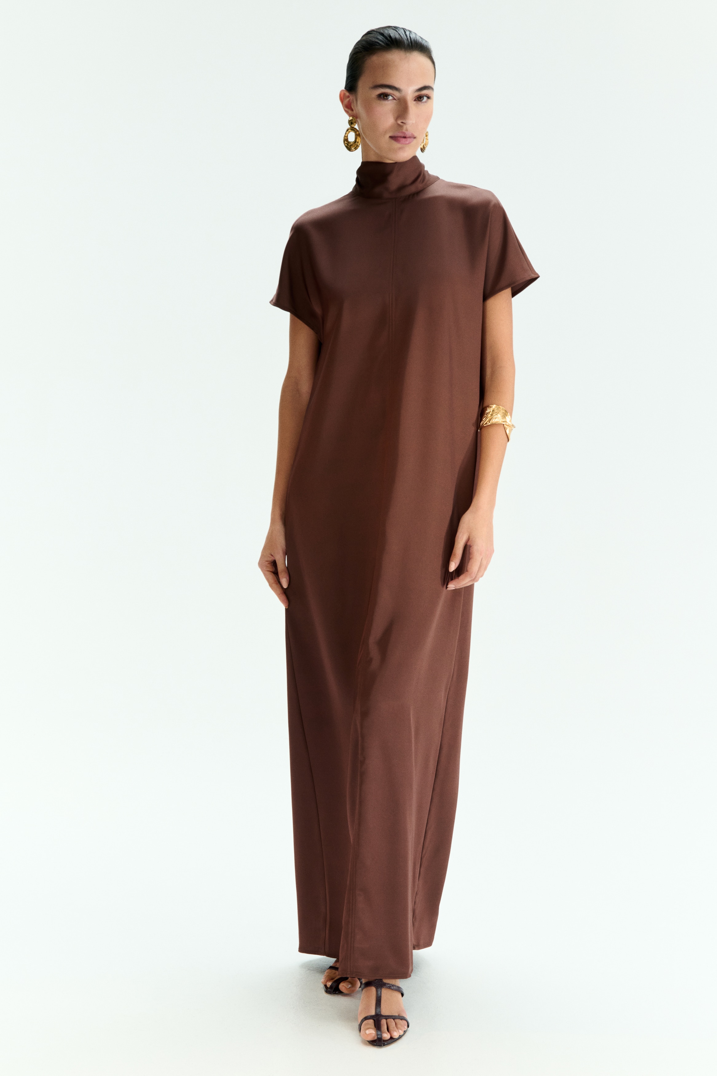 Maxikleid mit Schaldetail - Dunkelbraun/Puderrosa