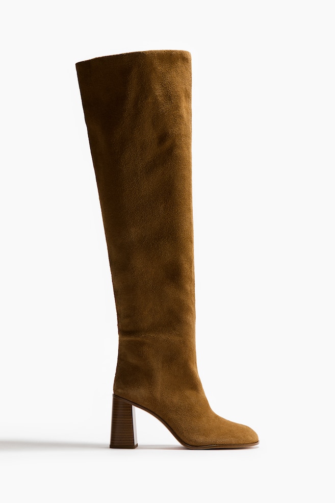 Over-the-Knee Split Suede Boots - Beige - 1