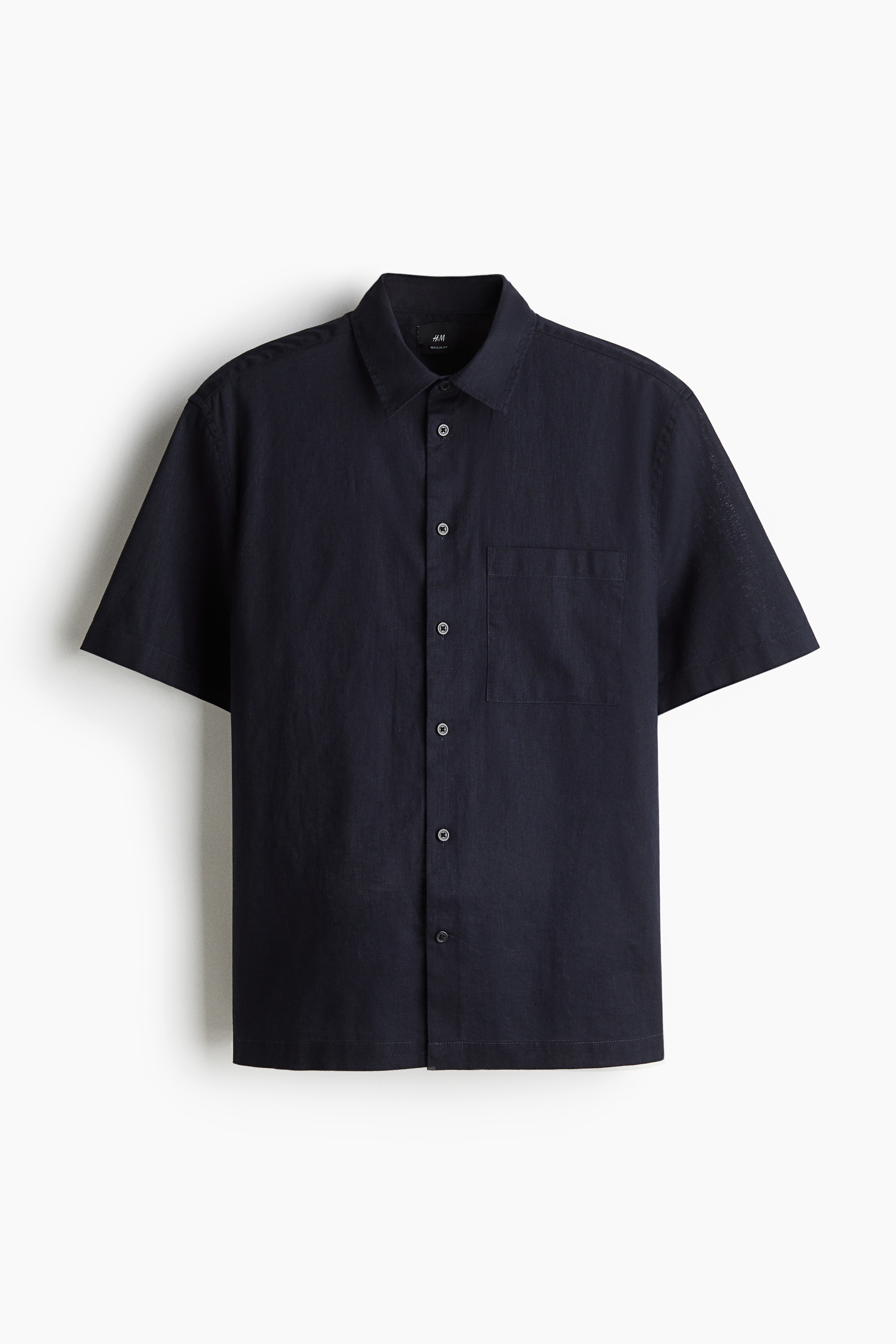 Regular Fit Short-sleeved linen-blend shirt - Navy blue/Light beige