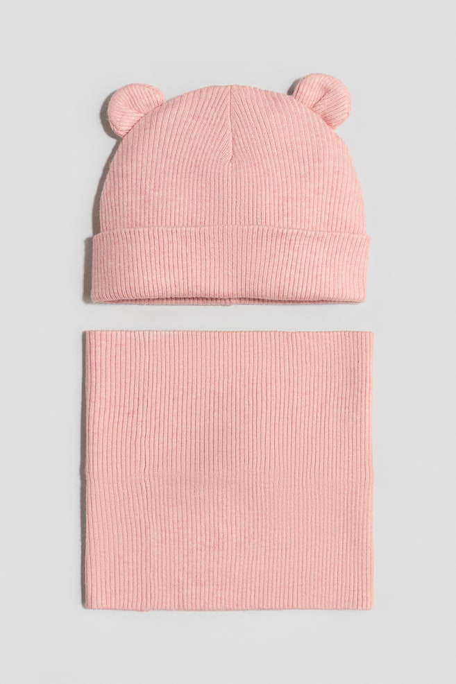 2-Piece Beanie and Scarf Set - Light pink/Brown/Cream - 1