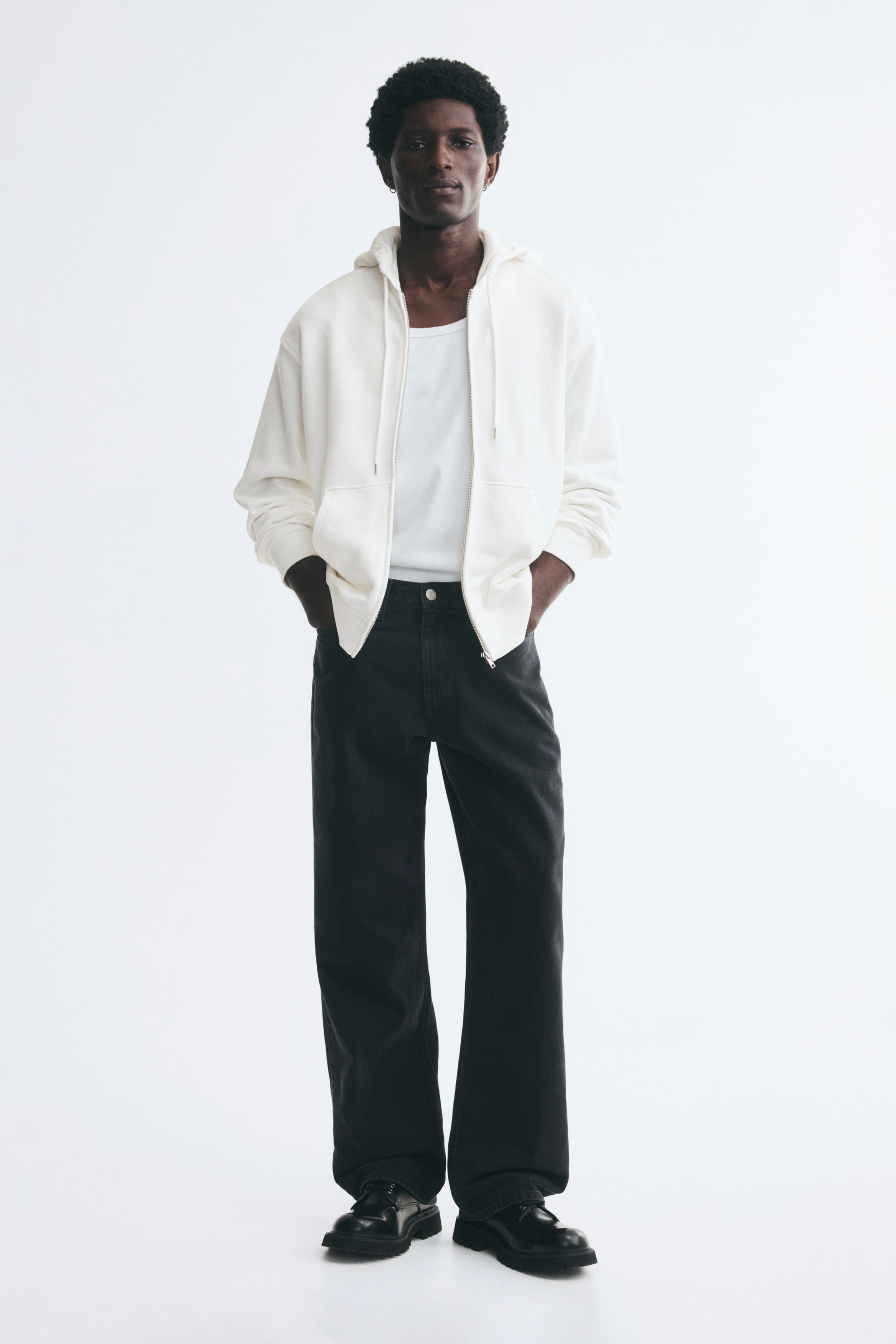 Áo hoodie kéo khoá Relaxed Fit - Màu ngà/Màu đen/Màu xám than/Màu xanh kaki/Màu xám đậm/Màu xám nhạt đốm