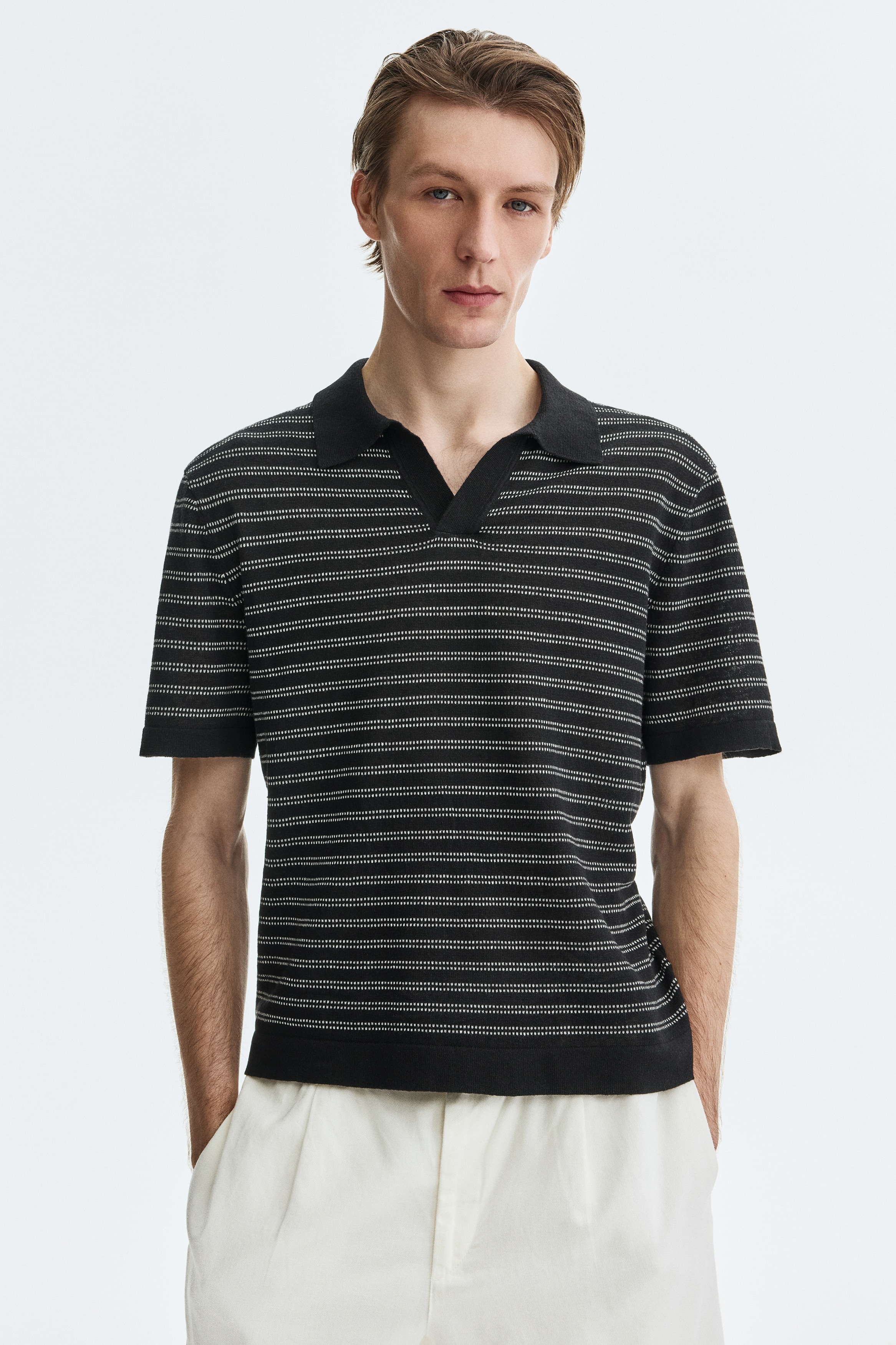 Regular-Fit Linen-Blend Polo Shirt - Black/striped/Beige/striped/Dark khaki green/striped