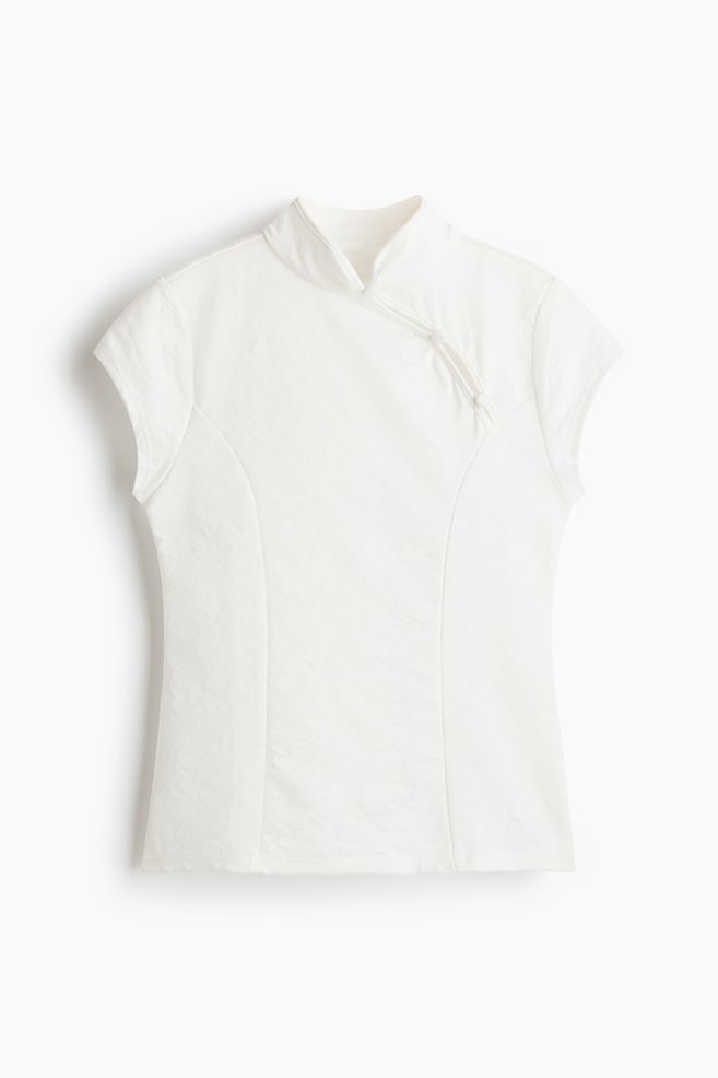 Button-Detail Jacquard Jersey Top - White - 1