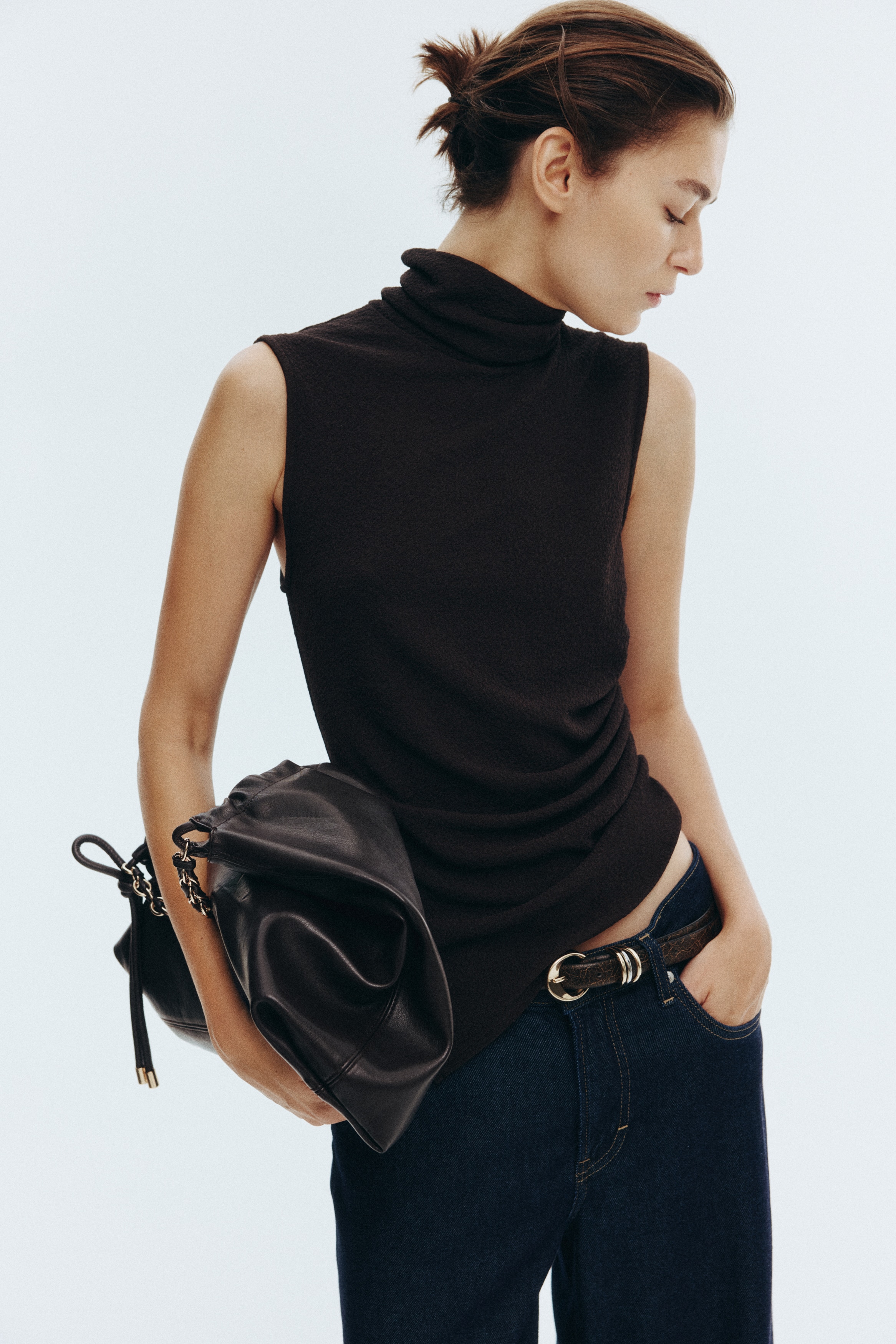 Draped polo-neck top - Dark brown
