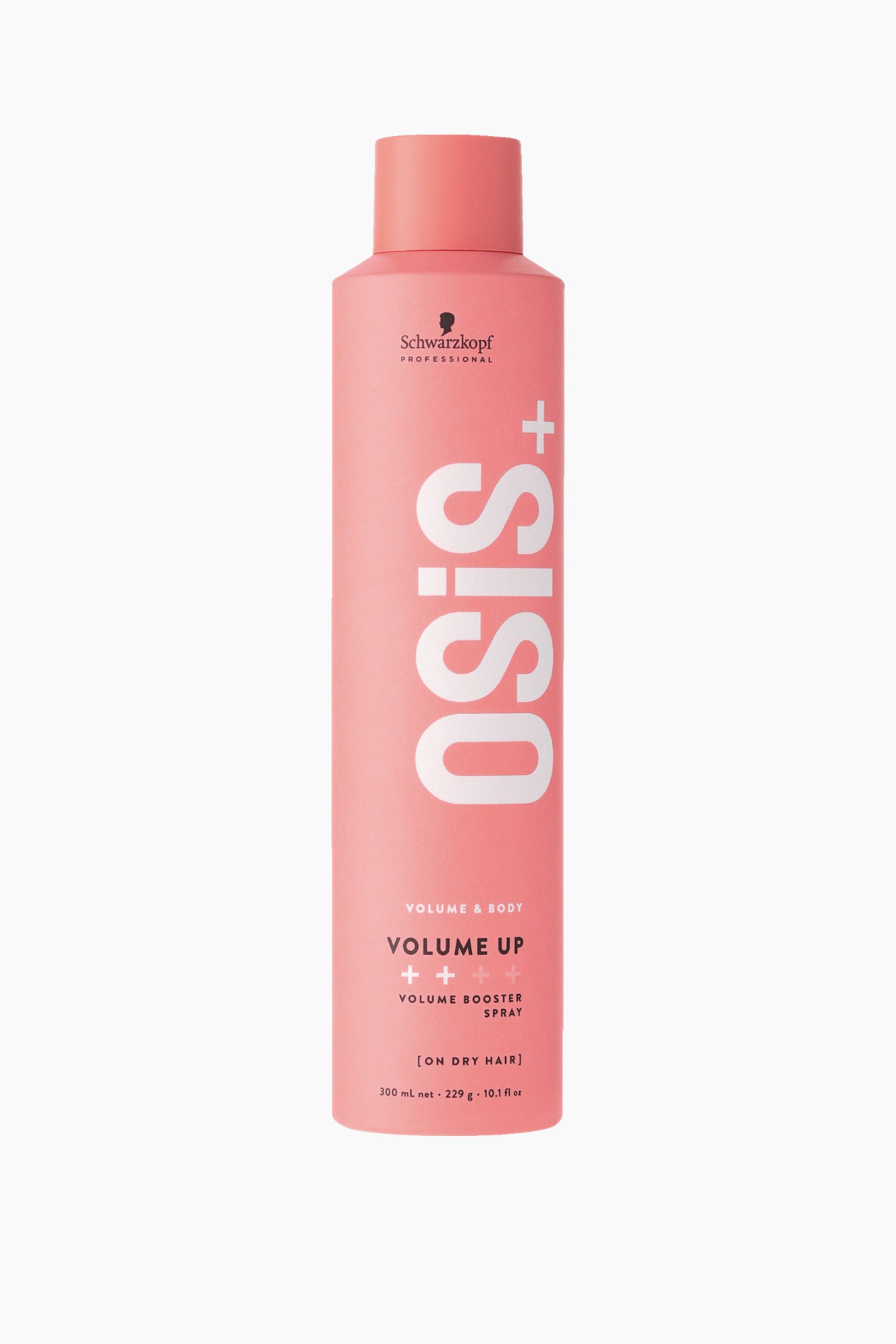 Visa större bild: OSiS Volume Up-hårsprayen står upprätt och vänd framåt och visar en hög, cylindrisk aerosolburk i matt korallrosa med matchande kork. Burkens framsida visar den vertikala vita OSiS+-logotypen, Schwarzkopf Professional-logotypen högst upp samt produktdetaljerna ”VOLUME UP” och ”VOLUME BOOSTER SPRAY” längst ned.
