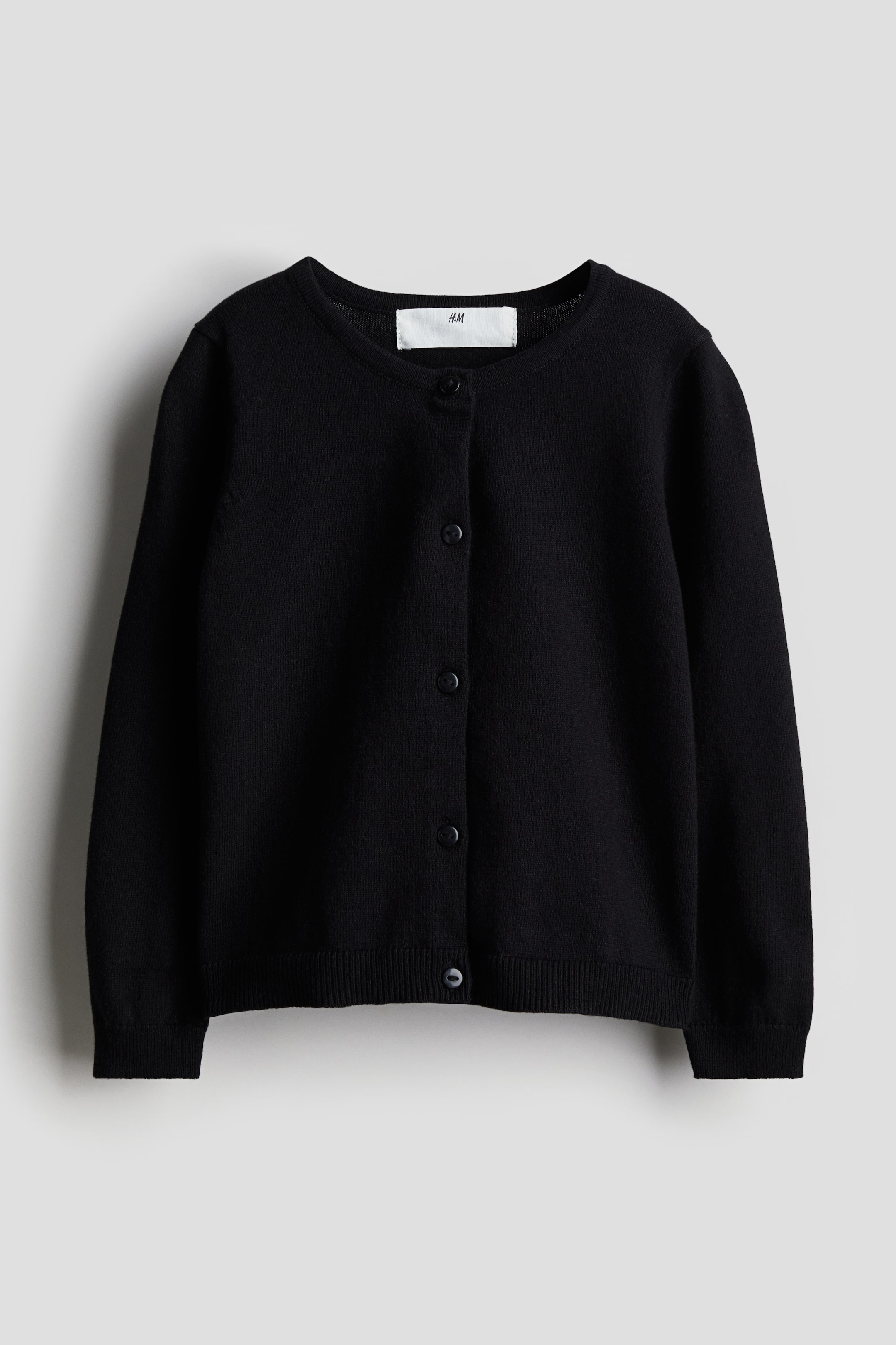 Fine-knit cotton cardigan - Round neck - Long sleeve - Black - Kids | H ...