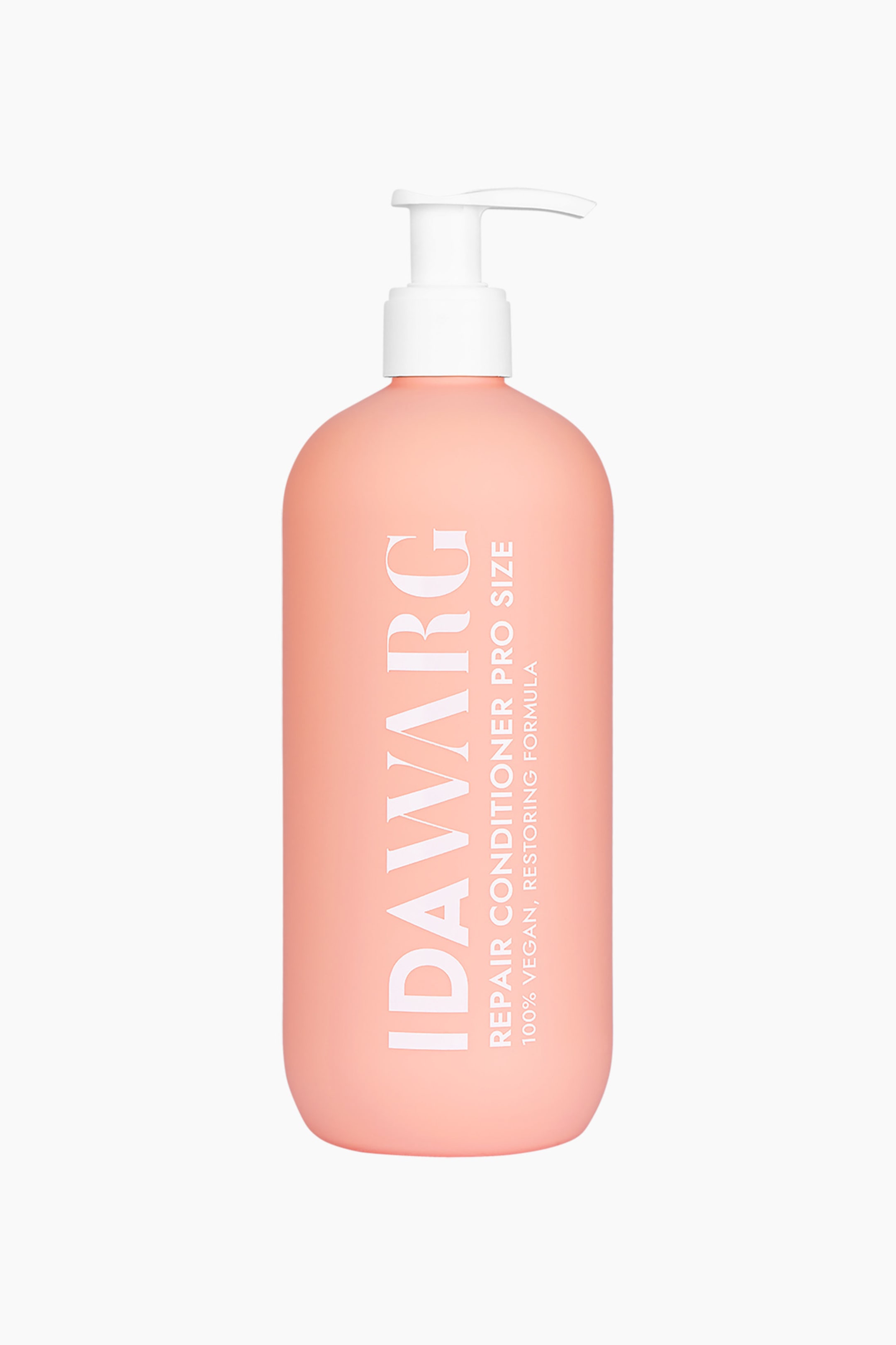 Größeres Bild ansehen: Eine pfirsichfarbene Conditioner-Flasche steht aufrecht und präsentiert einen weißen Pumpenspender. Auf der Vorderseite ist weißer Text zu sehen, der "IDAW�RG REPAIR CONDITIONER PRO SIZE 100% VEGAN, RESTORING FORMULA" lautet.