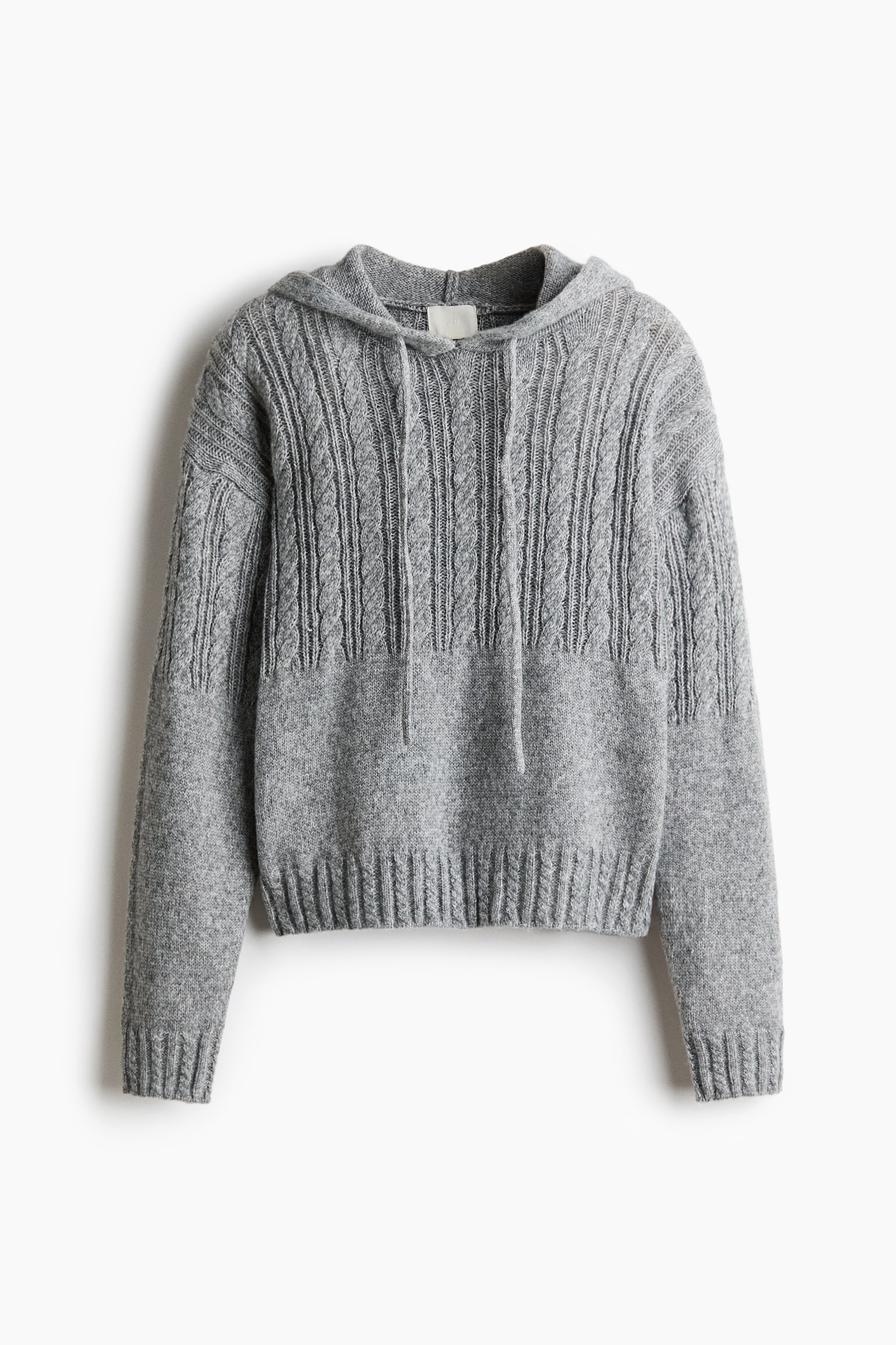 ケーブルニットフーデッドトップス - グレーメランジ/クリーム