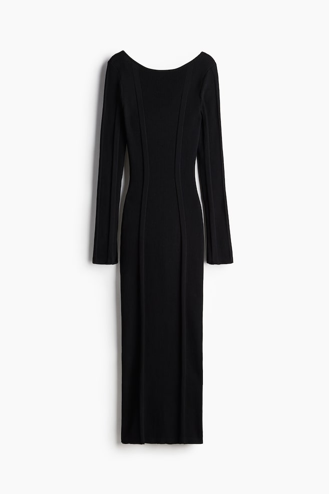 Rib-Knit Bodycon Dress with Low-Cut Back - Black - 1