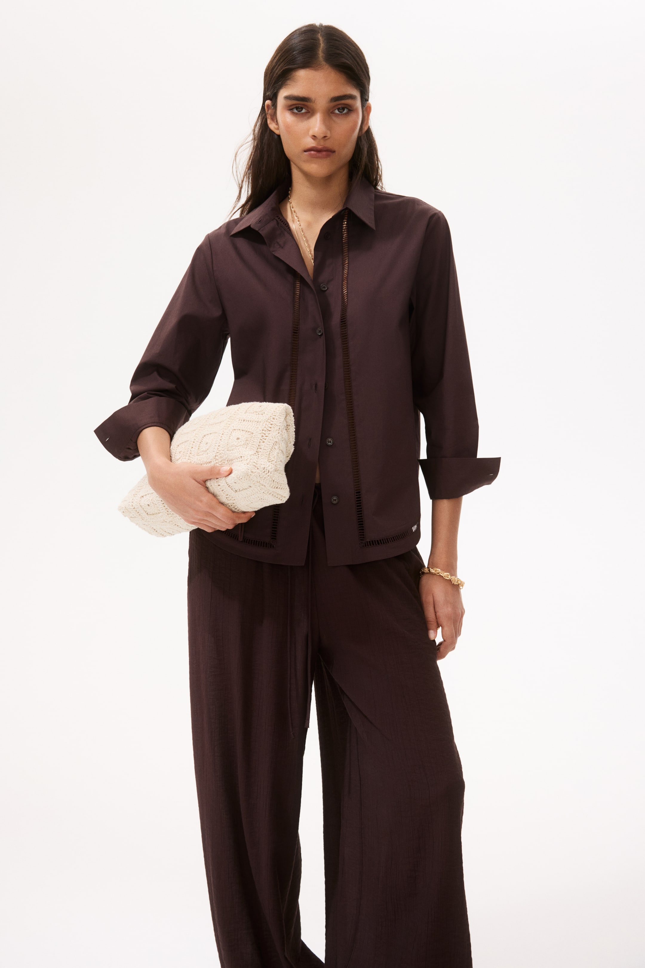 View larger image: Lace-inset cotton shirt - Dark brown - Ladies | H&M IN 1