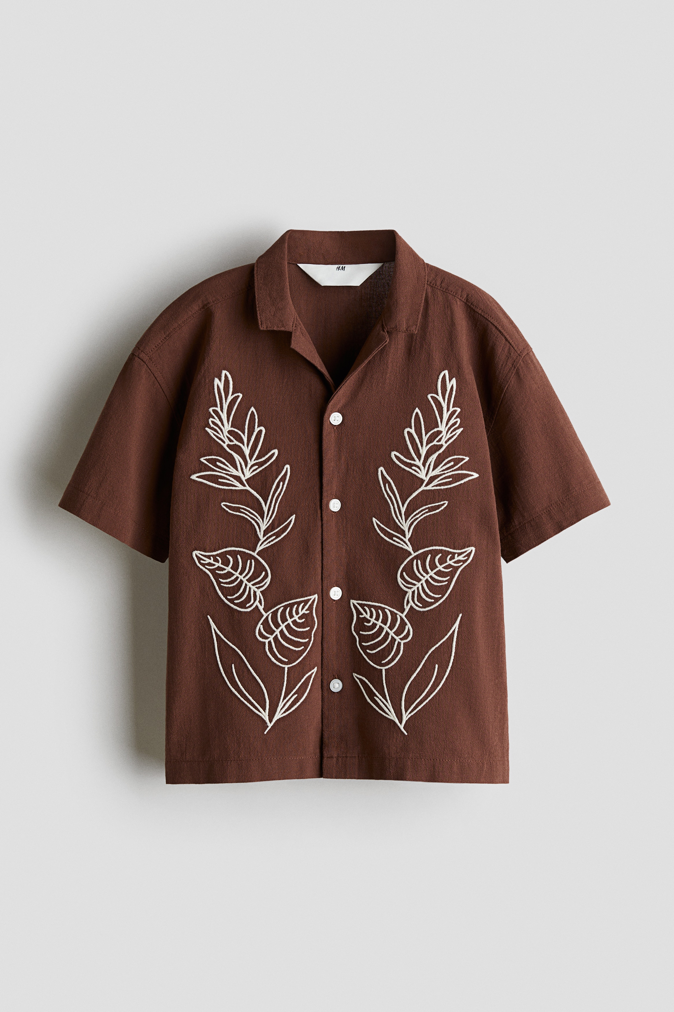 Embroidery-motif cotton resort shirt - Brown/Floral