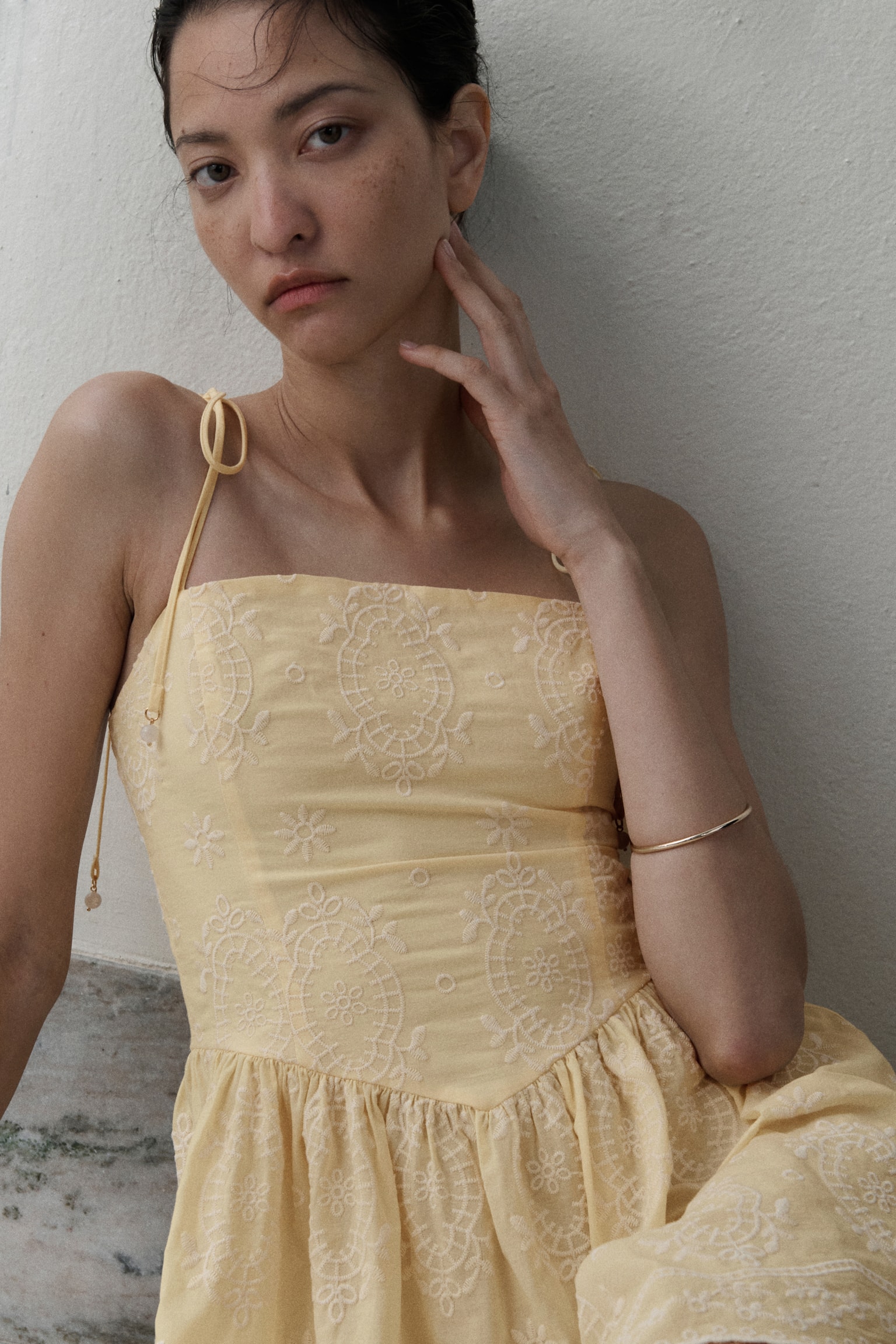 Embroidered flared-skirt dress - Yellow/Blue/White - 1