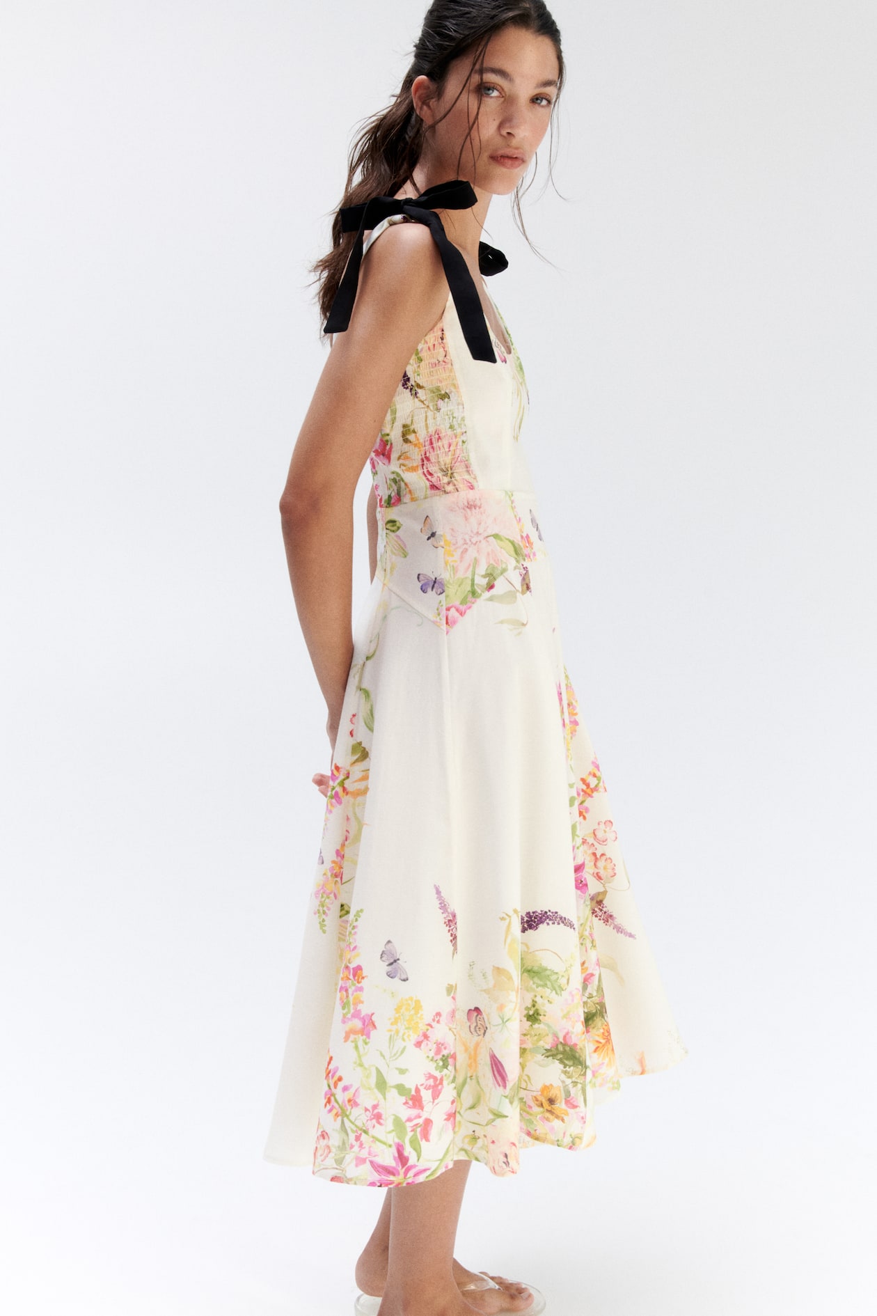 Women's White/floral Flared Dress with Tie Shoulder Straps | H&M US