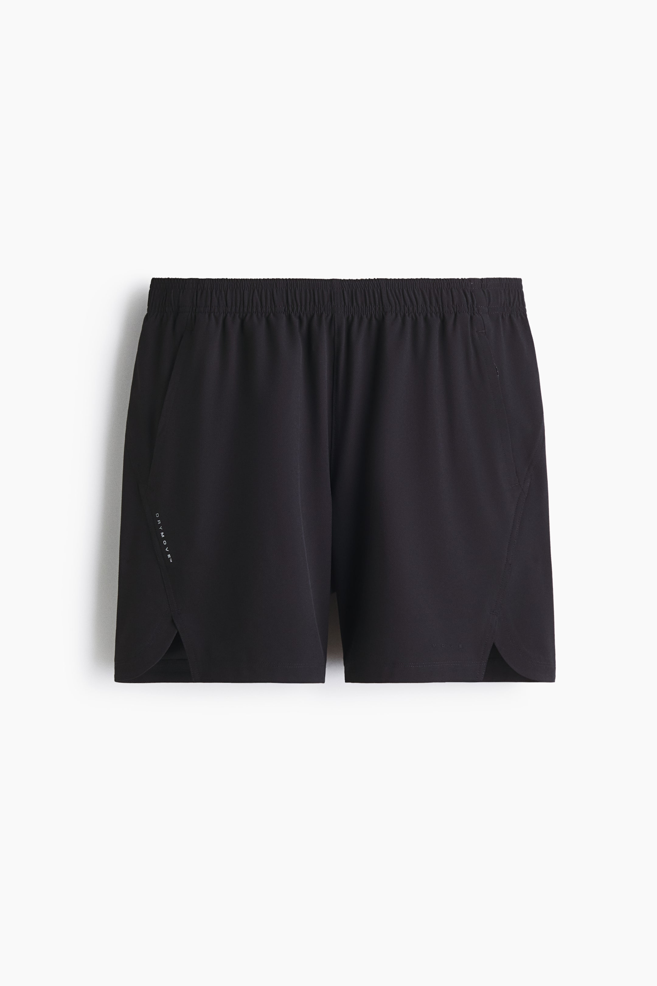 View larger image: Sports shorts with DryMove™ are showcased from the front. The black shorts feature an elastic waistband, side pockets, and curved side vents on the lower hem. The text 'DRYMOVE' is displayed vertically on the left side panel.