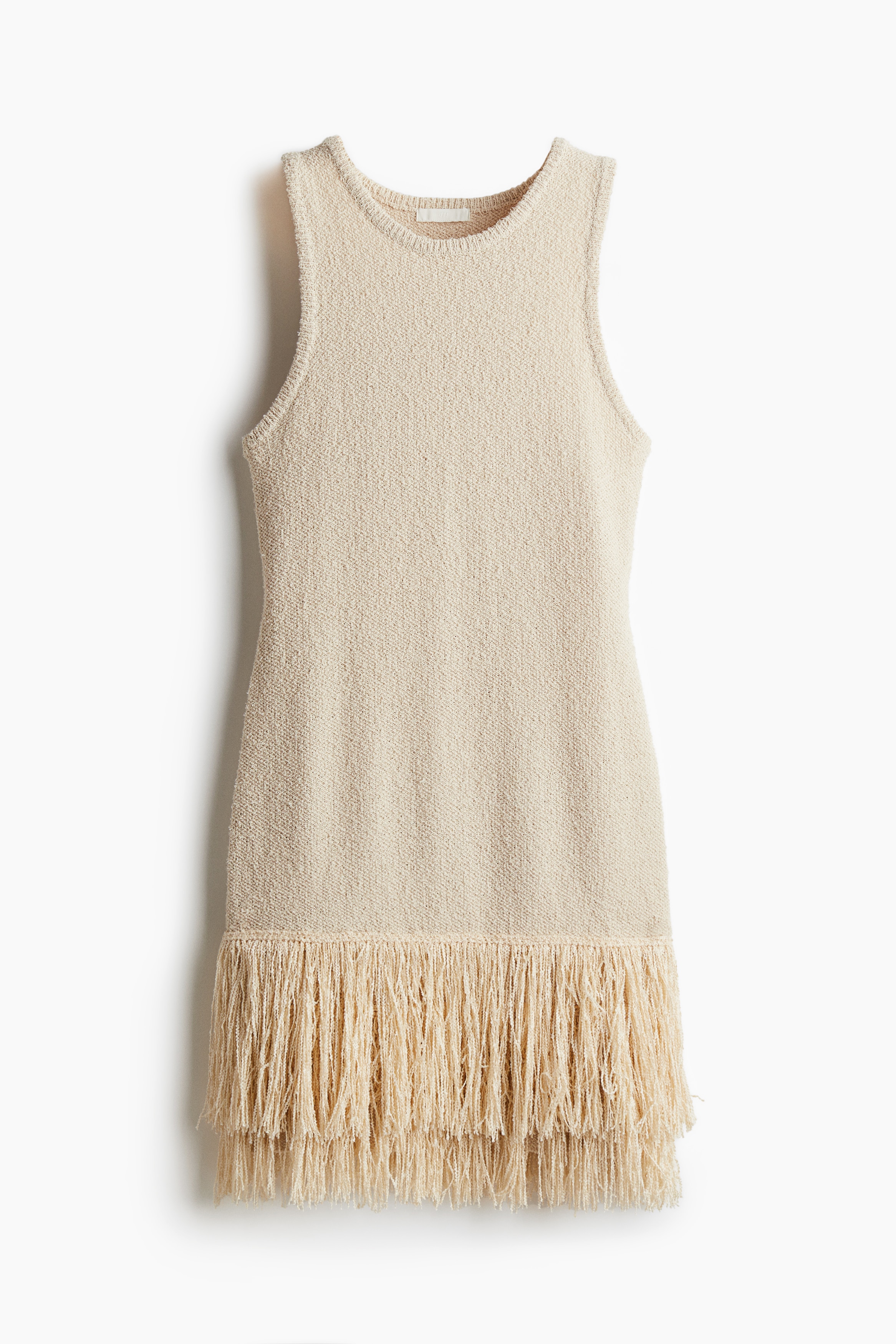 Fringe Trim Knit Dress - Light beige