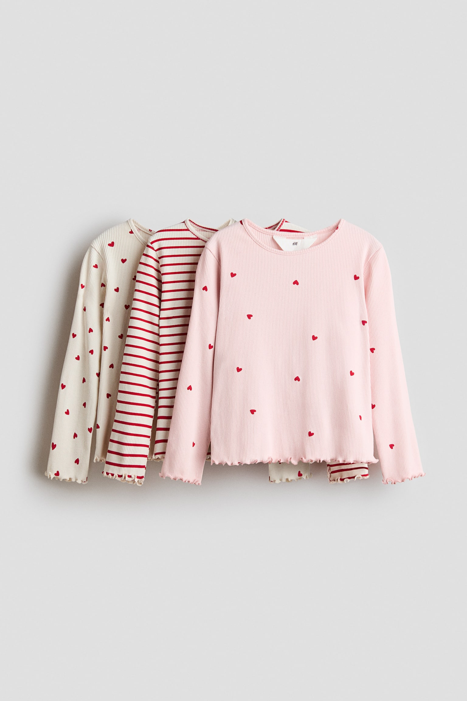 リブジャージートップス 3枚セット - ライトベージュ／ハート/ベージュ／レオパードプリント/ライトベージュ／フローラル