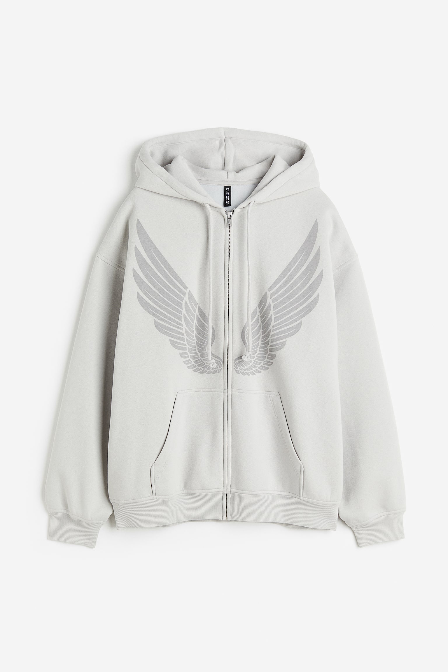 Oversized Print Zip Up Hoodie - Light grey/Angel wings - 1