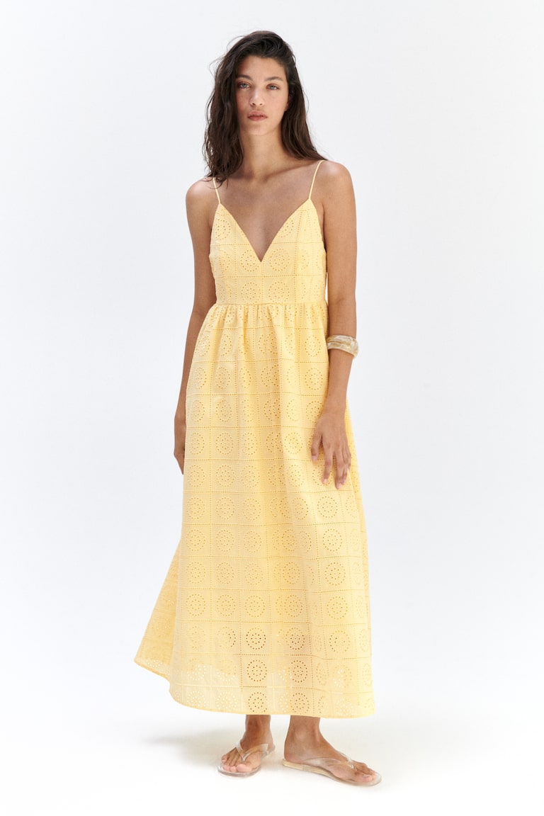 Women's Yellow Eyelet-Embroidered Tie-Shoulder-Strap Dress | H&M US