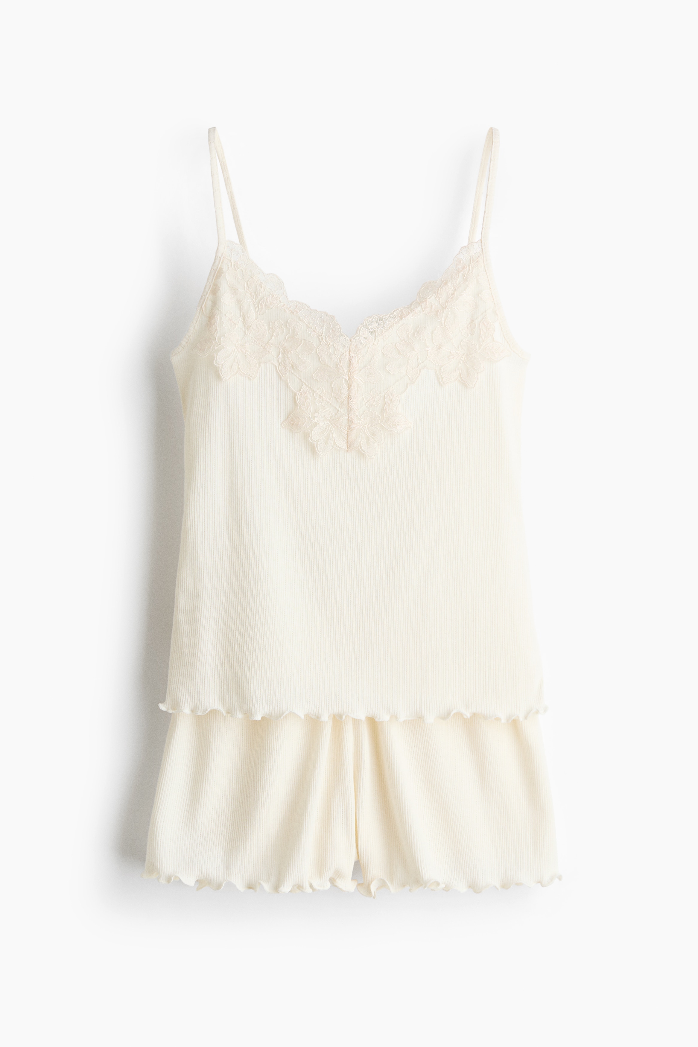 Natsæt i ribbet jersey - Creme/Sort/Lys rosa