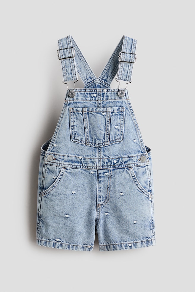 Embroidered denim dungaree shorts - Light denim blue/Hearts - 1