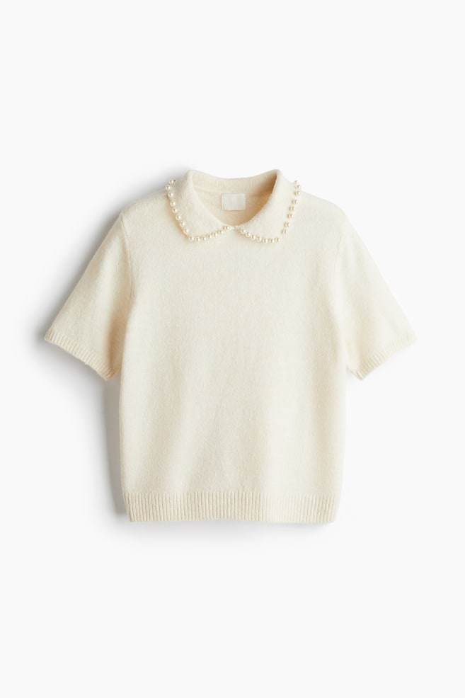 Beaded-collar knitted top - Cream/Grey marl - 1