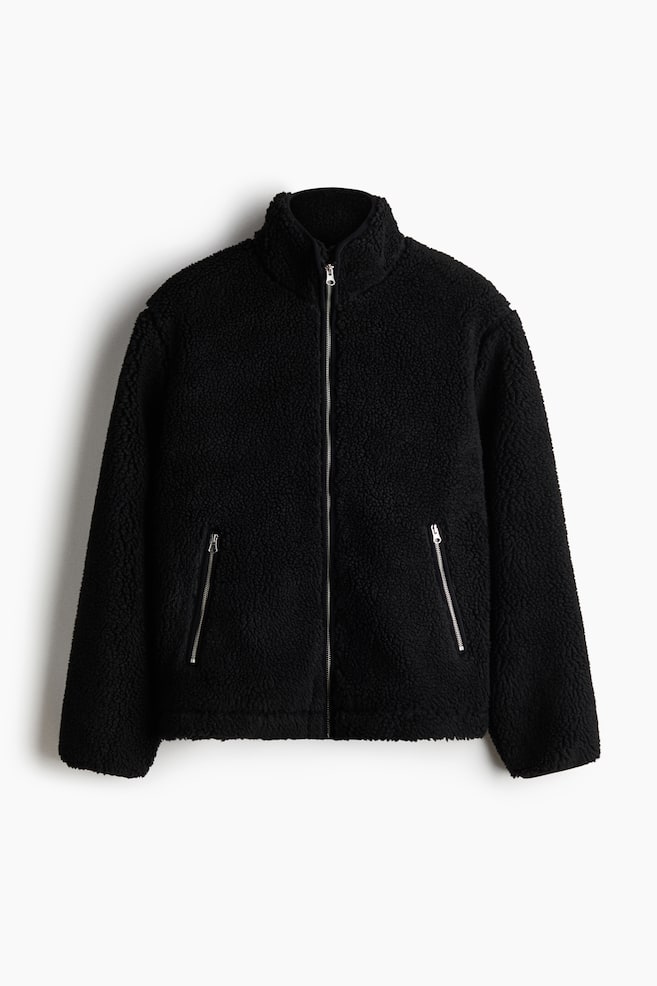 Teddy Fleece Jacket with Zipper - Black/Light beige - 1