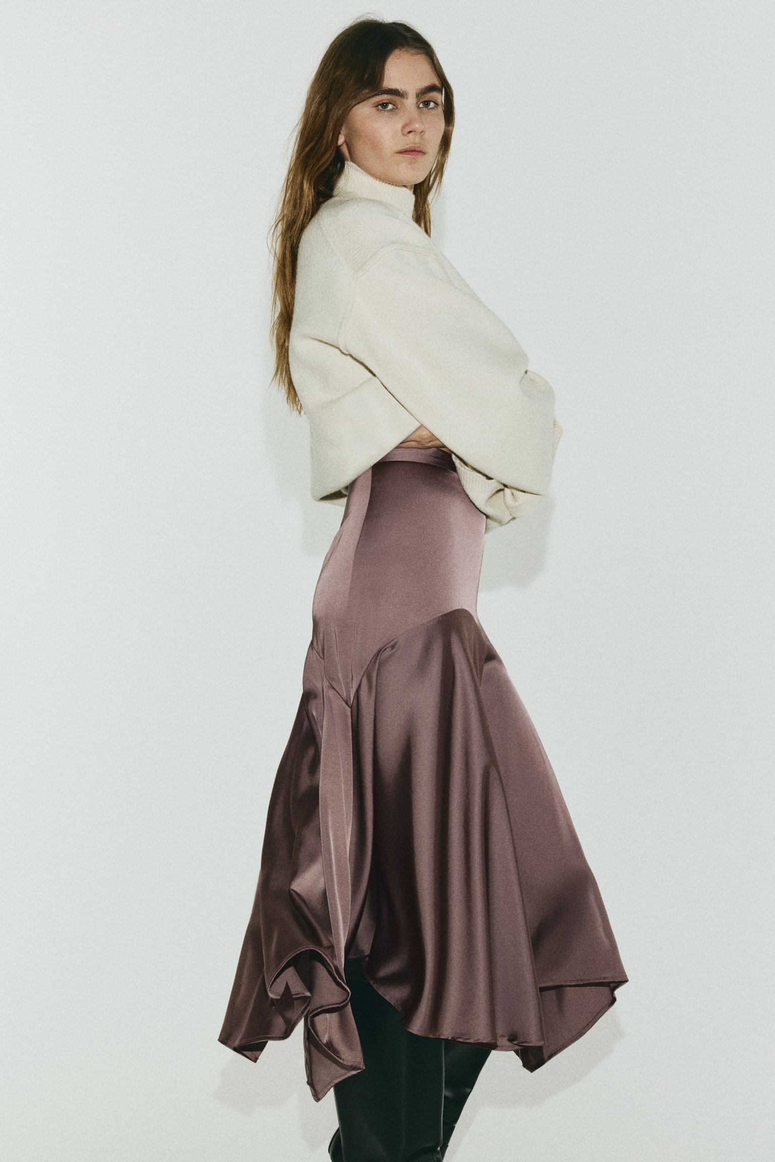 Satin twill skirt - Dark mauve/Dark brown - 4