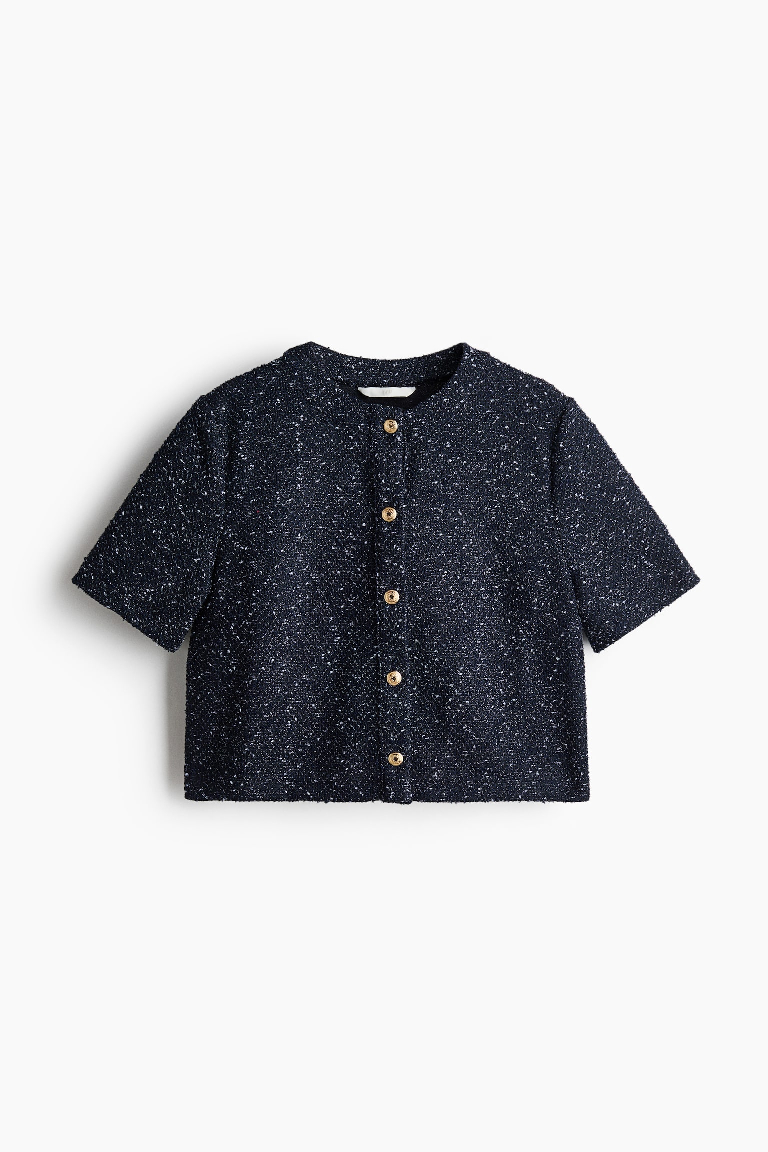 Short-Sleeved Bouclé-Knit Cardigan - Navy blue/Light taupe/Burgundy - 1