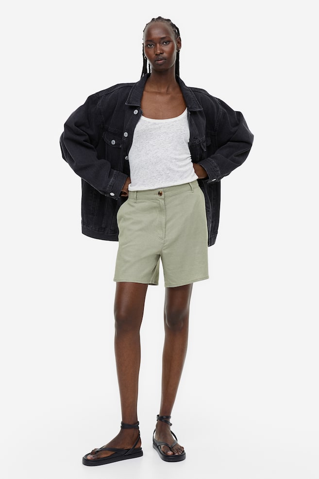 Linen-blend shorts - Light khaki green/Light beige/Black - 1