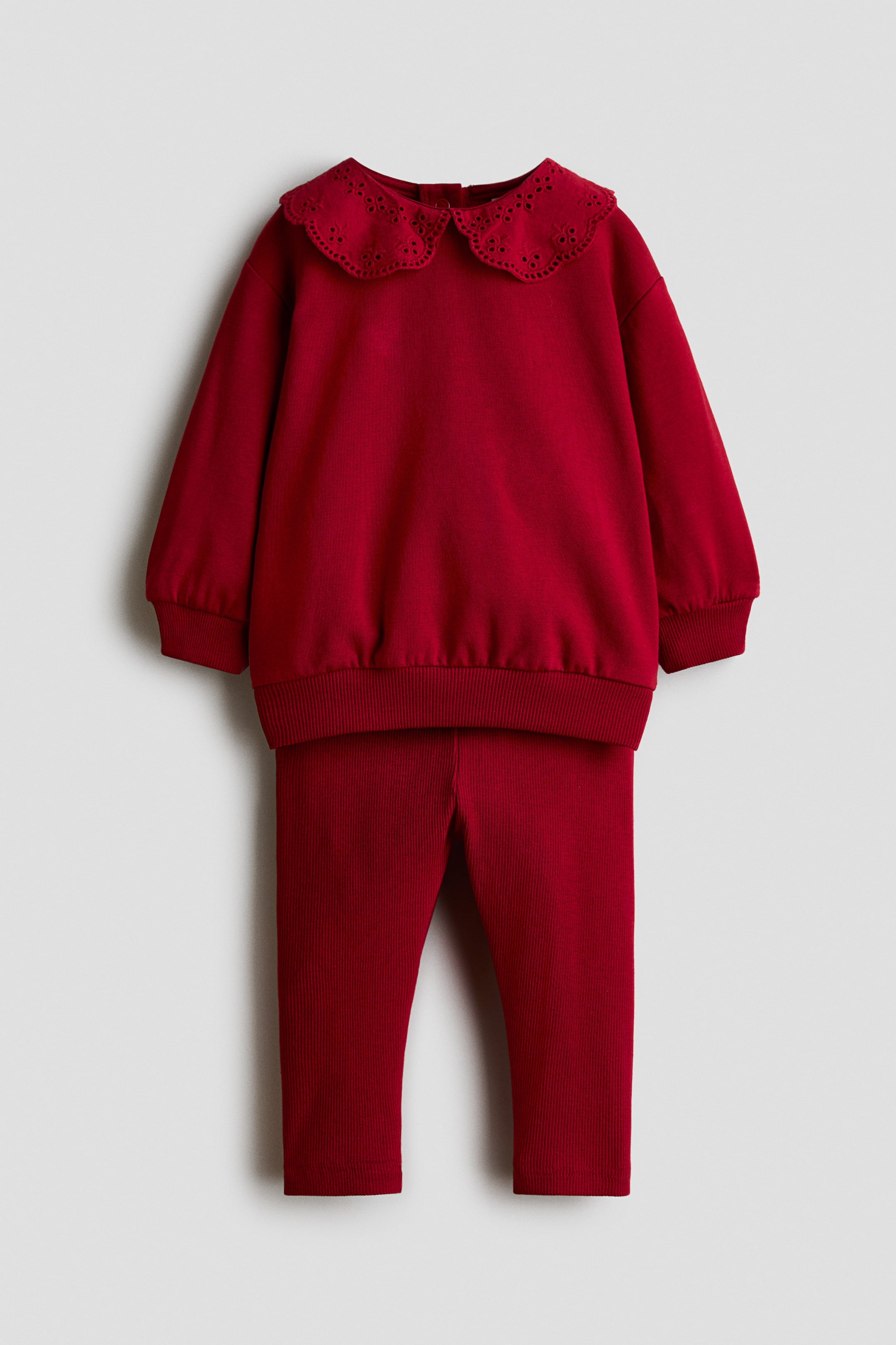 查看大圖: 一套深紅色兒童兩件套裝從背面展示,包括一件長袖衛衣面料上衣及配襯的羅紋緊身褲。上衣配有大型波浪邊領口,飾以 broderie anglaise 細節,並設有羅紋袖口及下擺,後頸位置設有按扣開合。