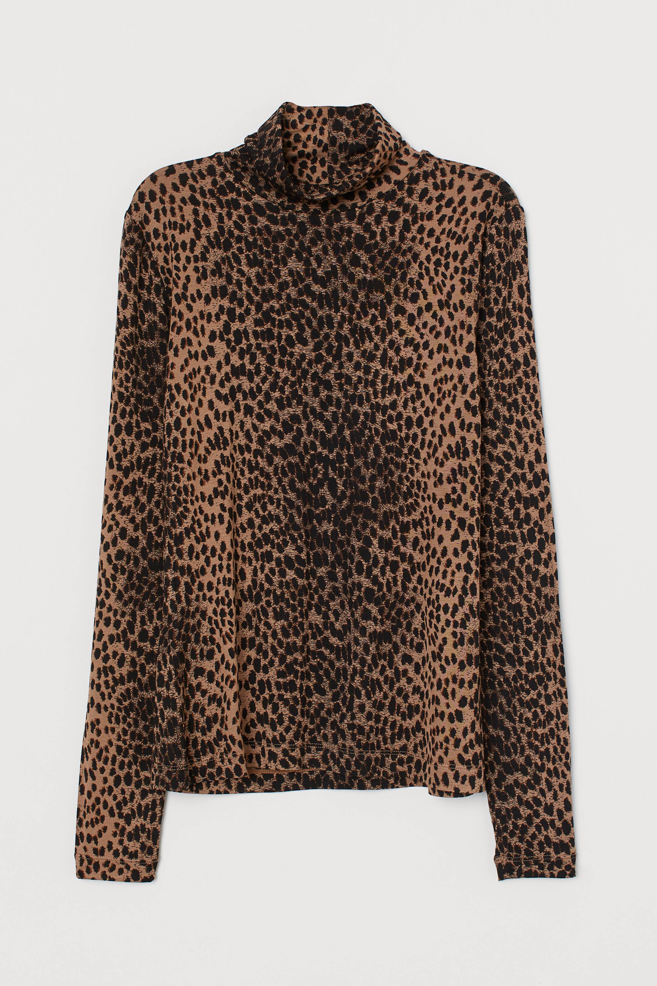 Modal polo-neck top - Polo-neck - Long sleeve - Brown/Leopard 