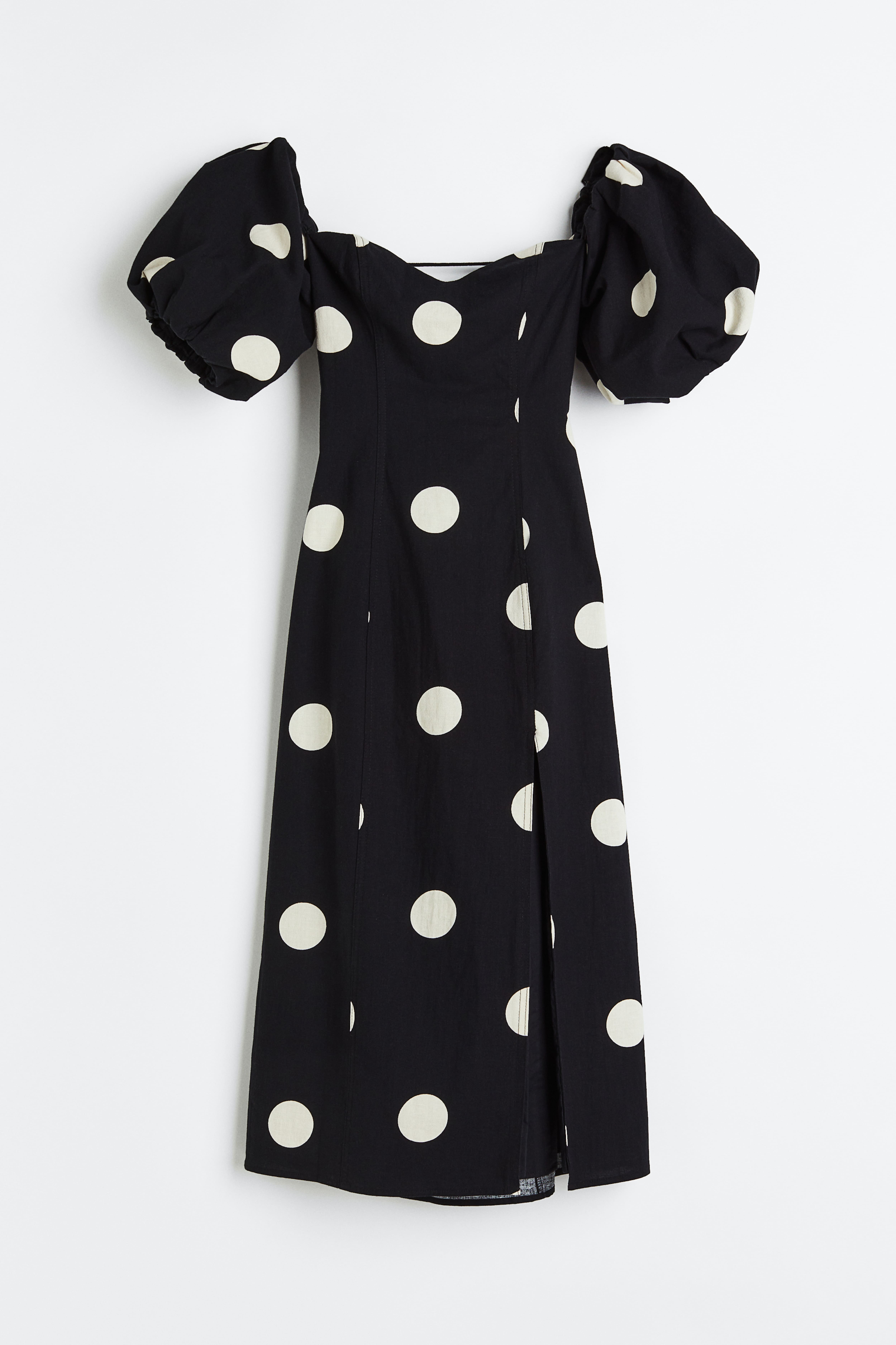 Off-the-shoulder Puff-sleeved Dress - Sweetheart Neckline - Short sleeve -  Black/dotted - Ladies | H&M US