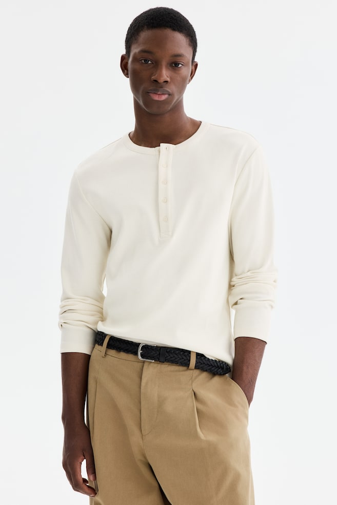 Slim-Fit Ribbed Henley Shirt - Cream/Dark brown/Black - 2