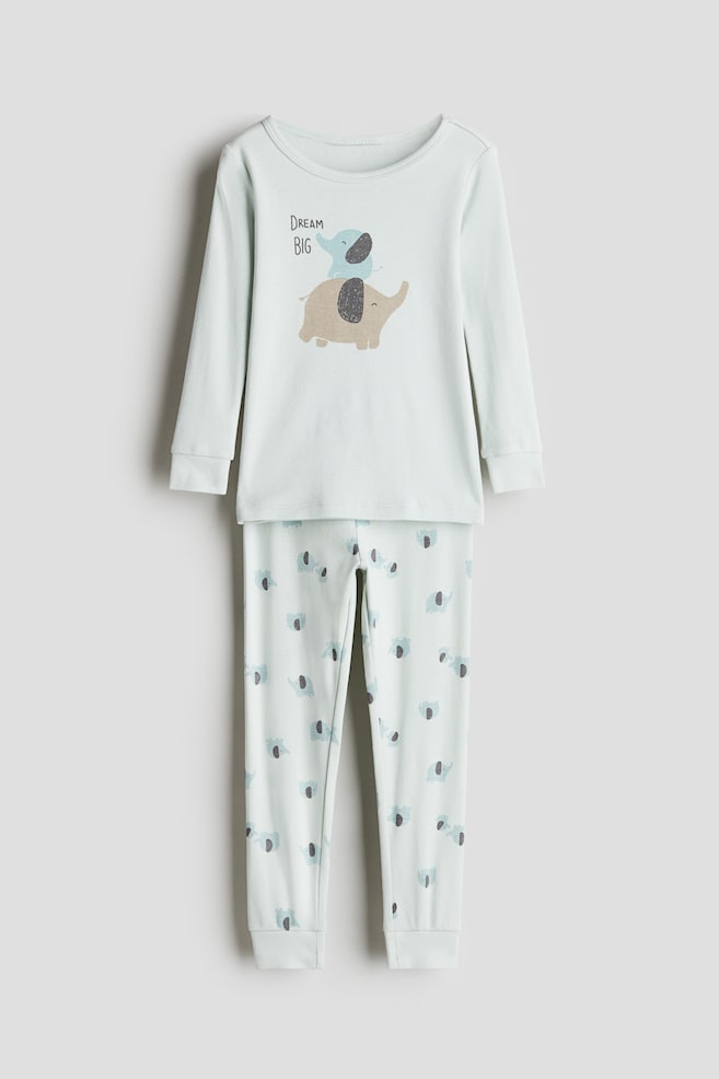 Snug-Fit Printed Cotton Pajamas - Dusty turquoise/Dream Big/White/hearts/White/hearts/Light green/elephant/White/cherries/Light pink/hearts - 1