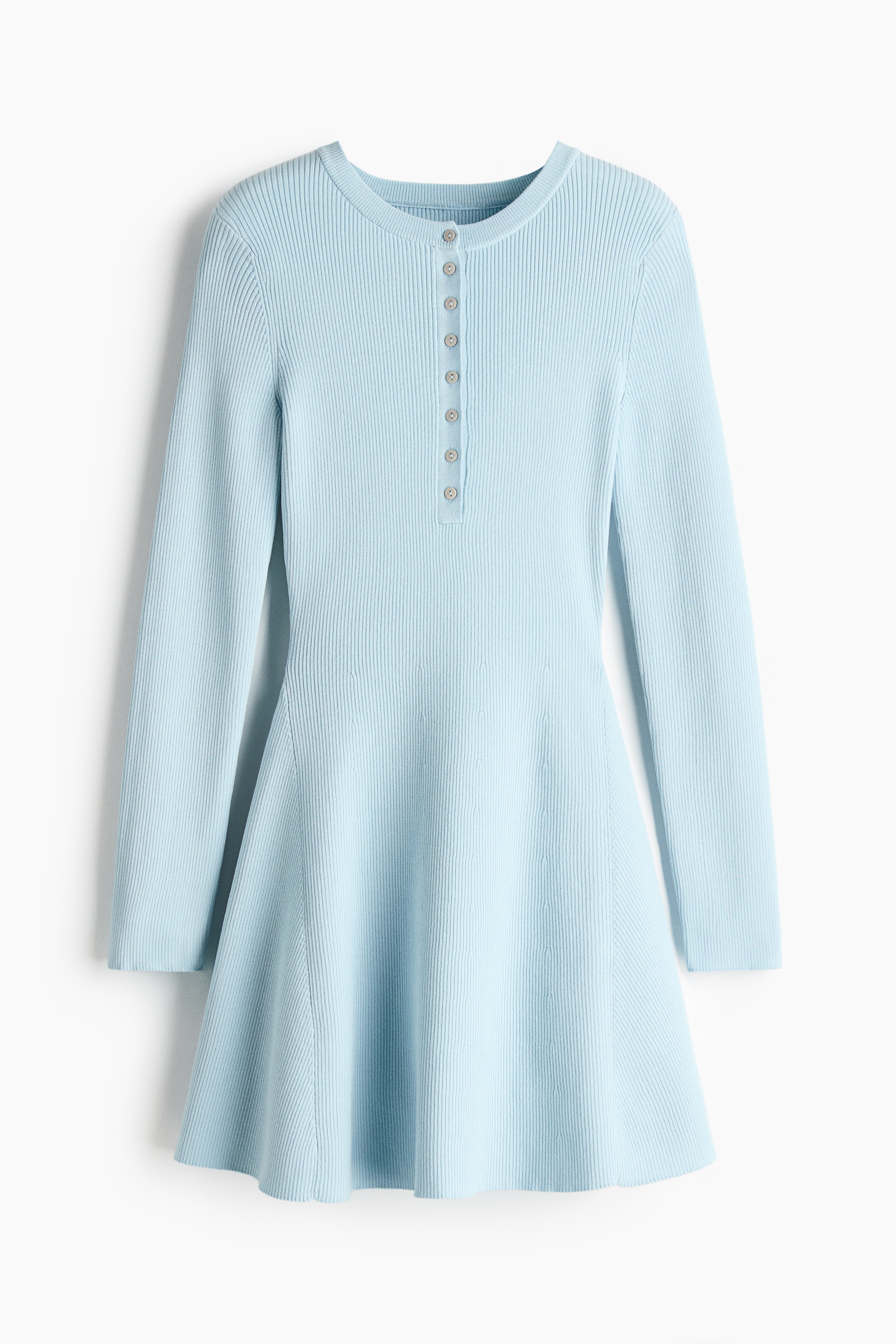 Rib-Knit Dress with Flared Skirt - Light blue/Dark olive green