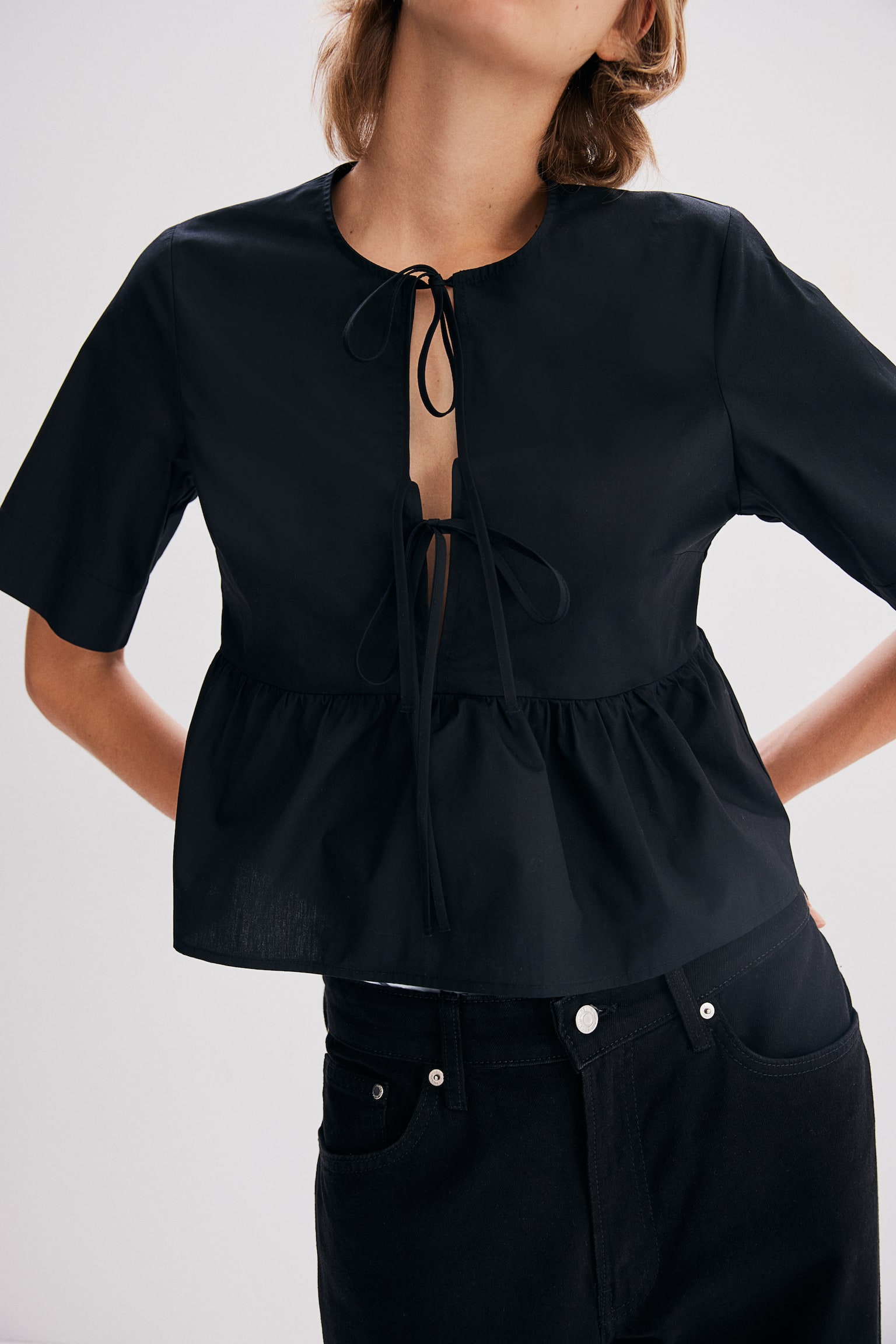 Tie-front poplin blouse - Black/White/Light blue - 6