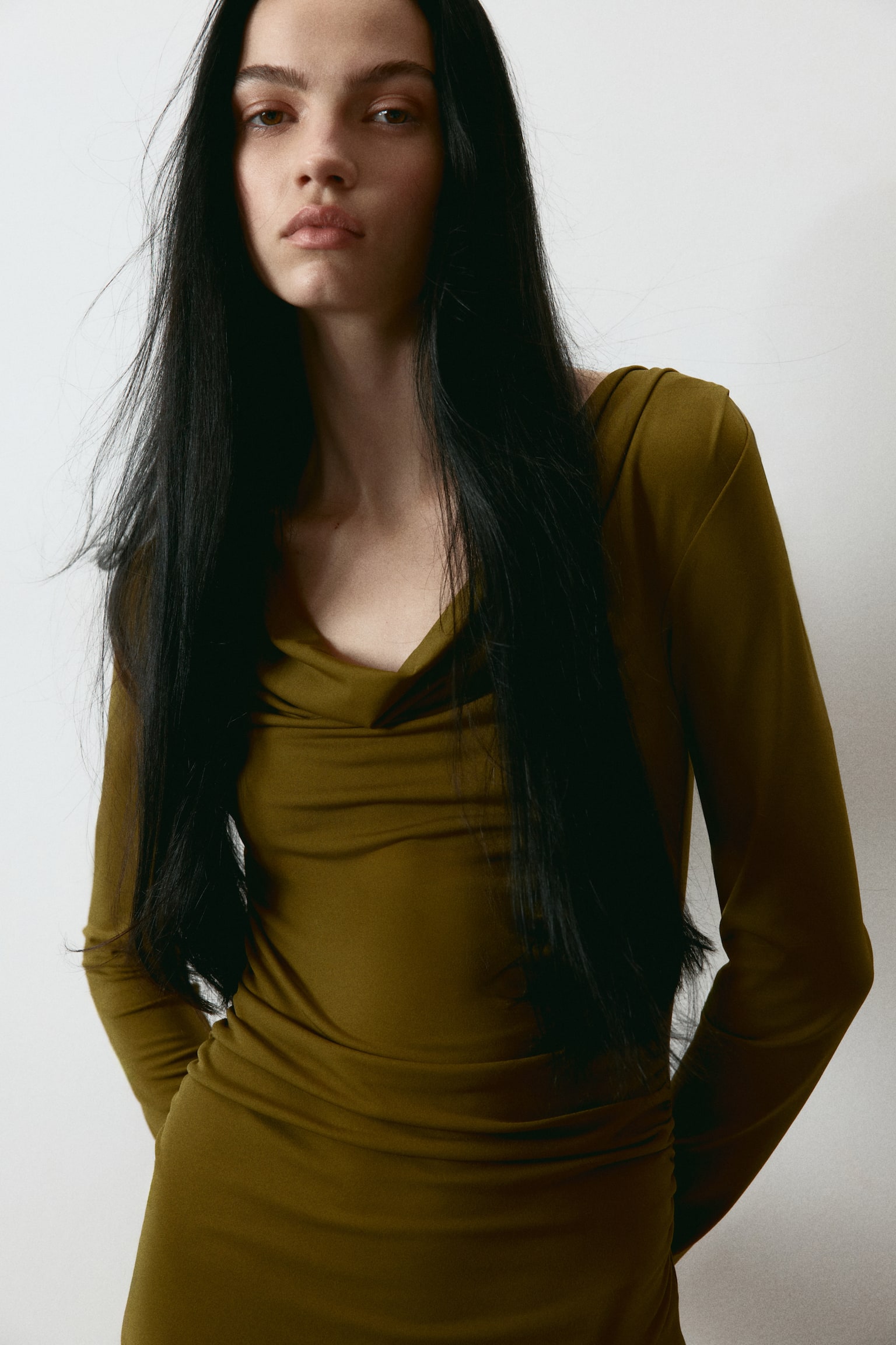 Cowl-neck jersey dress - Golden olive - 4