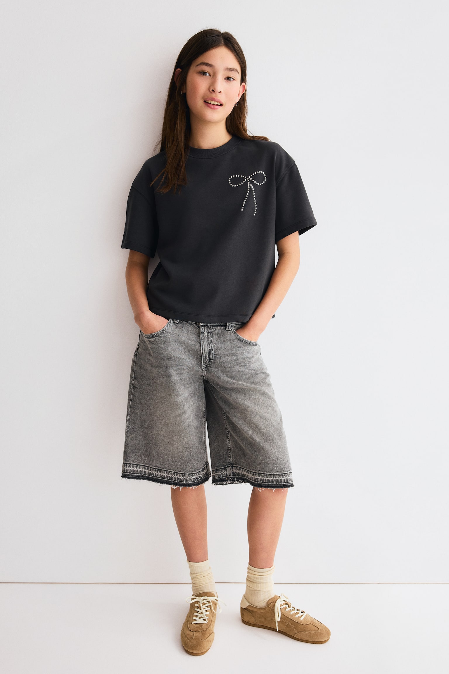 Wide Leg Low Denim shorts - Denim grey/Light denim blue - 1