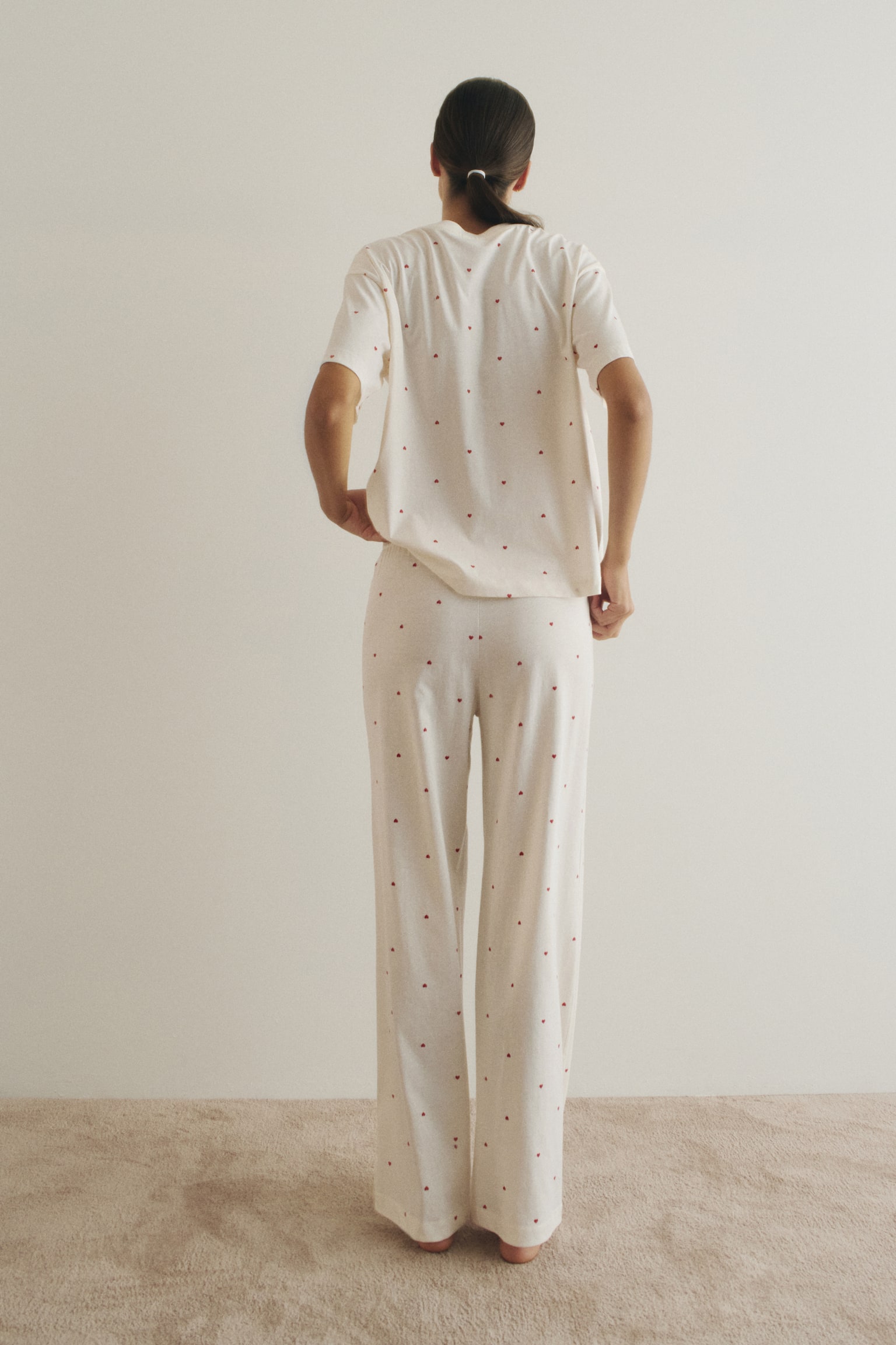 Pamuklu Pijama Takımı - Krem/Kalpler/Krem/Çiçekli - 5