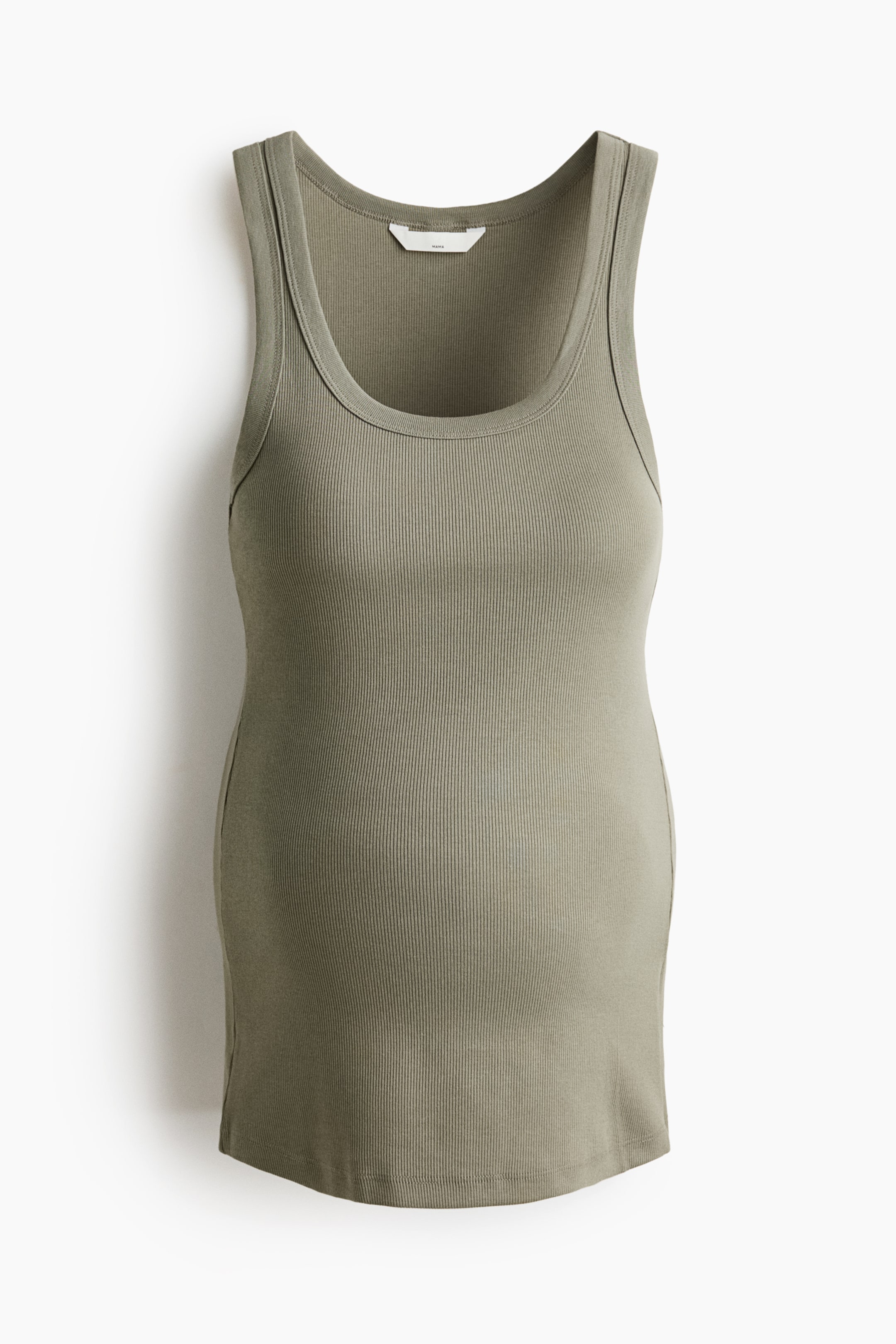 View larger image: A ribbed cotton jersey tank top is shown from the front, featuring a scoop neckline and a straight-cut hem. Its form-fitting design is visibly tailored to accommodate a rounded midsection.
